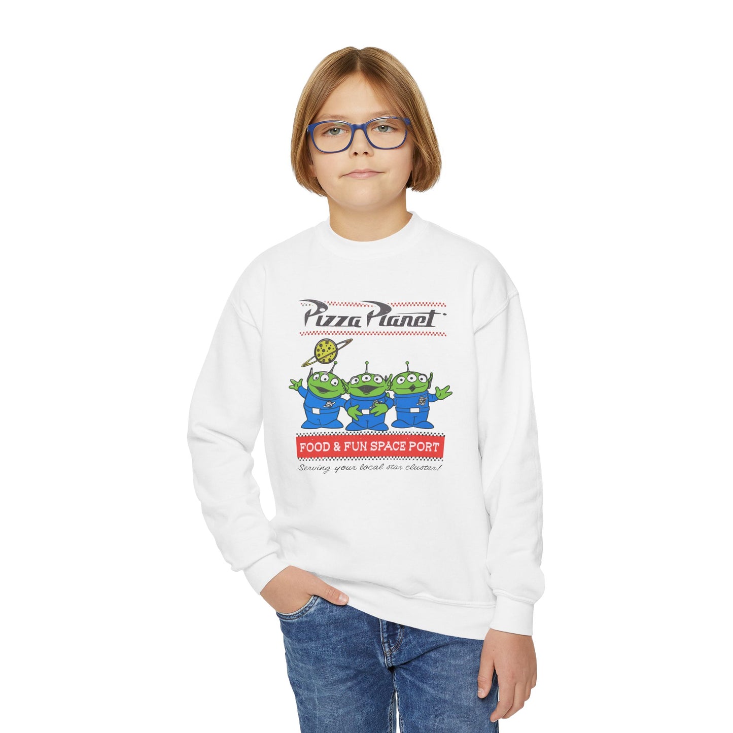 Pizza Planet Youth Crewneck Sweatshirt | Fun & Playful Gift for Kids, Space Theme Apparel, Ideal for Birthdays, Halloween, Everyday Wear