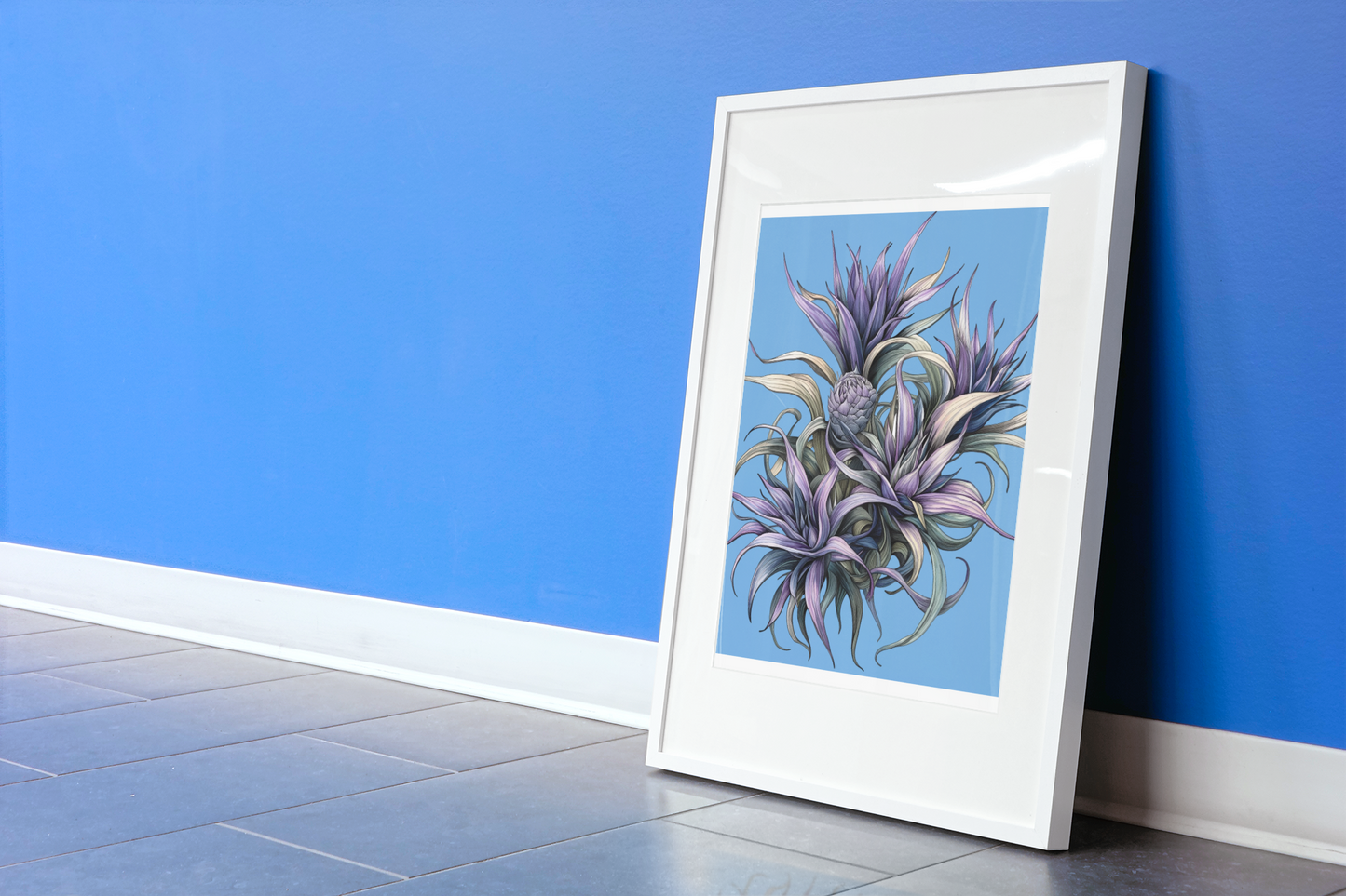 Fine art poster in white frame with botanical illustration on matte finish paper against blue wall.