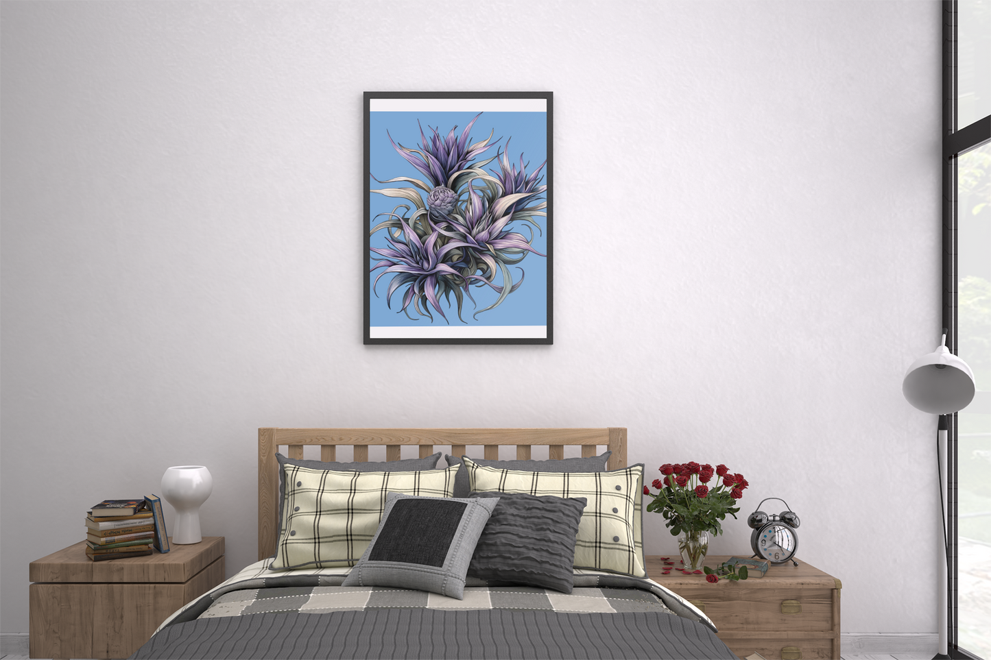 Fine Art Posters on gallery-grade paper with Giclée print quality, featuring colorful artwork in a bedroom setting.