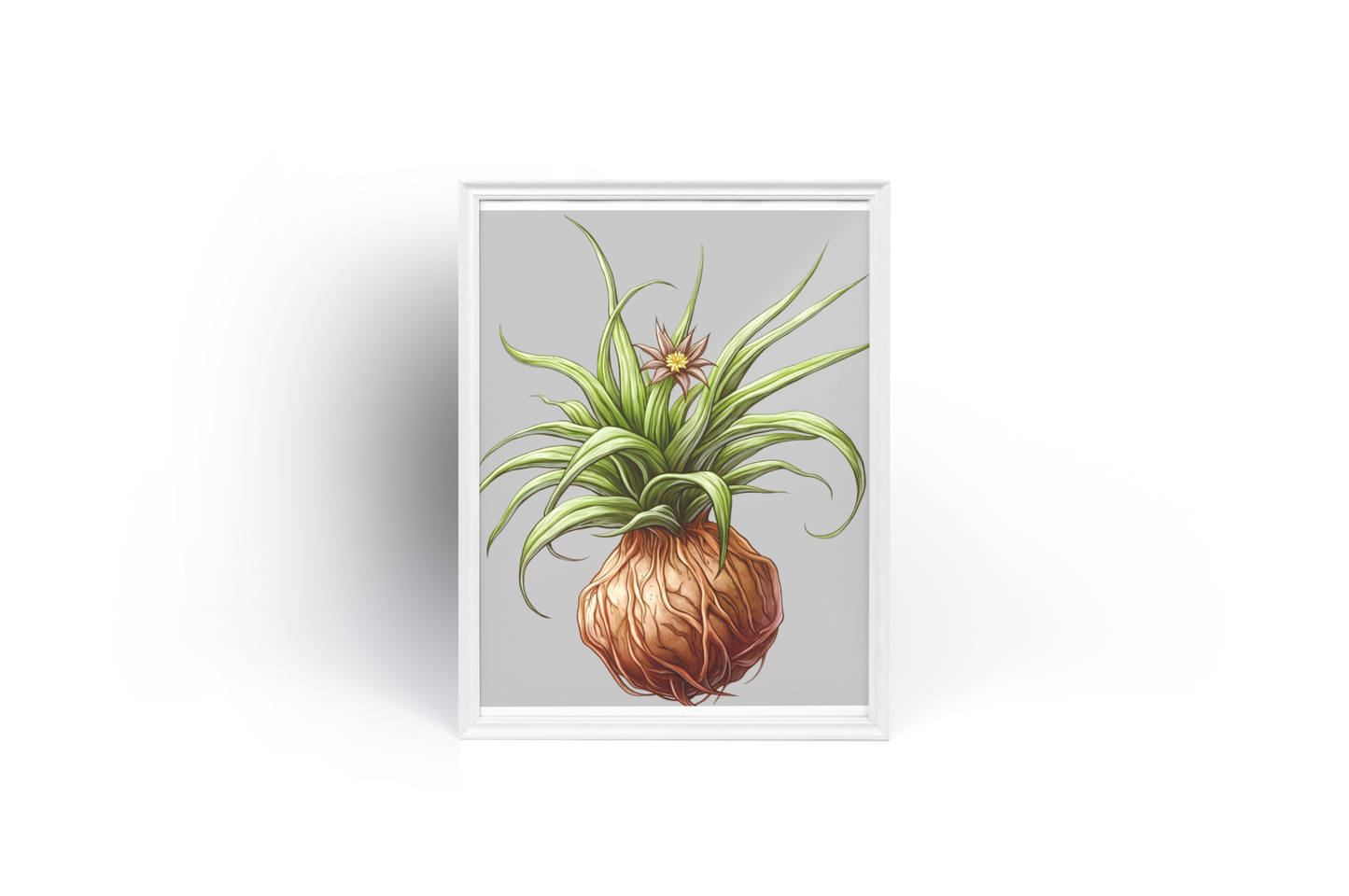 Framed vertical poster with plant illustration in white frame, museum-quality matte paper.