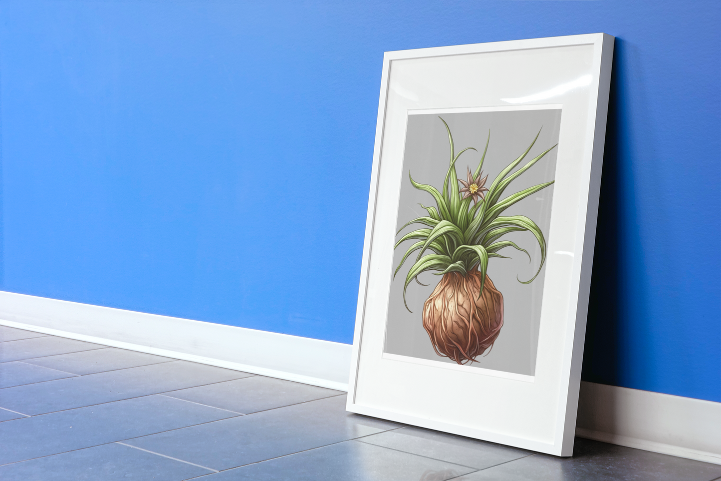 Framed vertical poster with plant illustration, white border, against blue wall.