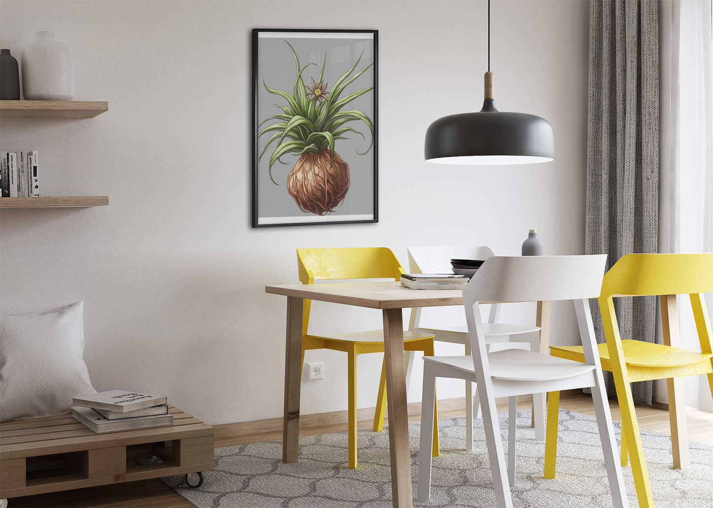 Framed vertical poster with plant design in modern dining room.