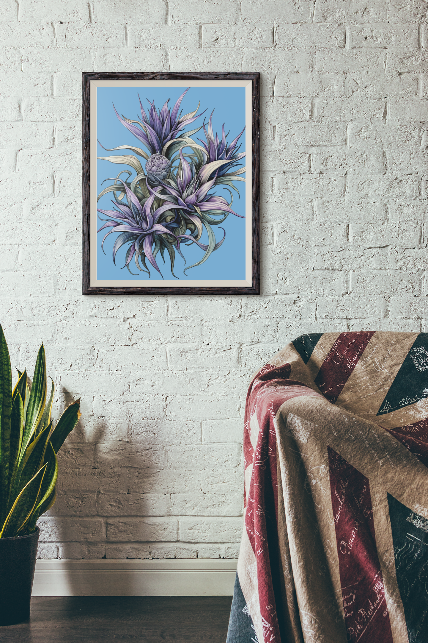 Framed vertical poster on a brick wall with stylish decor.