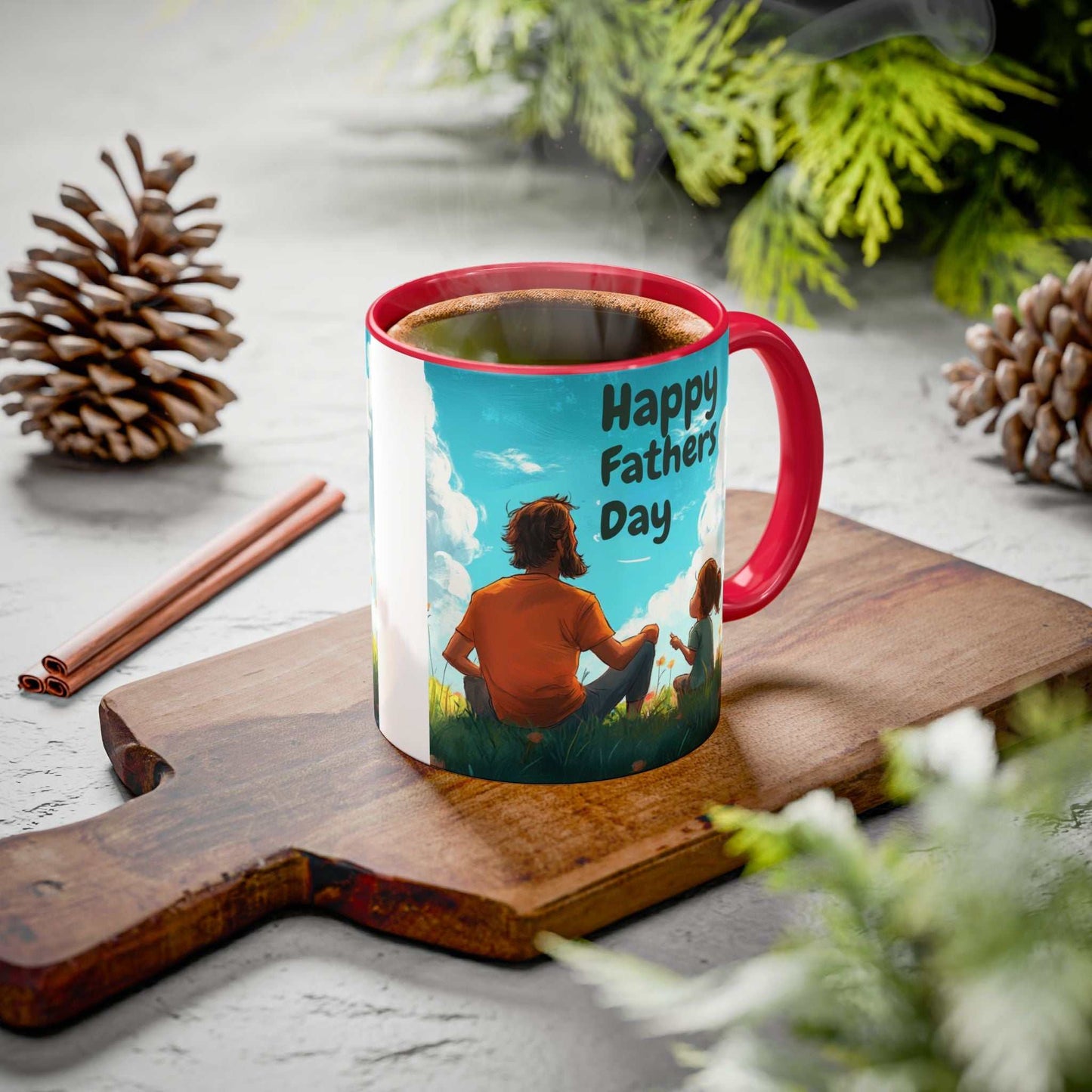 Colorful 11oz mug with "Happy Father's Day" print and red handle.