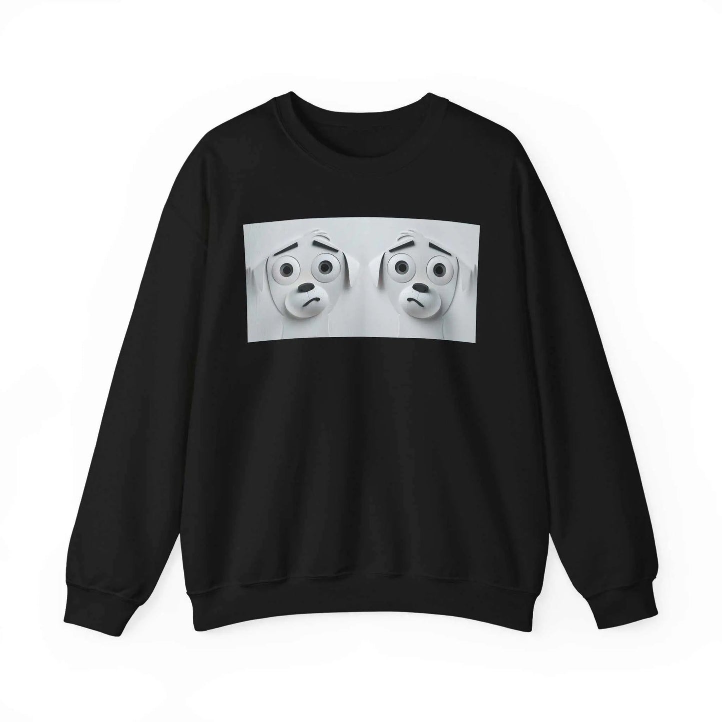Black crewneck sweatshirt with a 3D sarcastic dog face design.