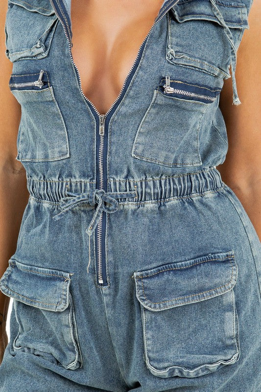 Denim Cargo Style Jumpsuit for Women