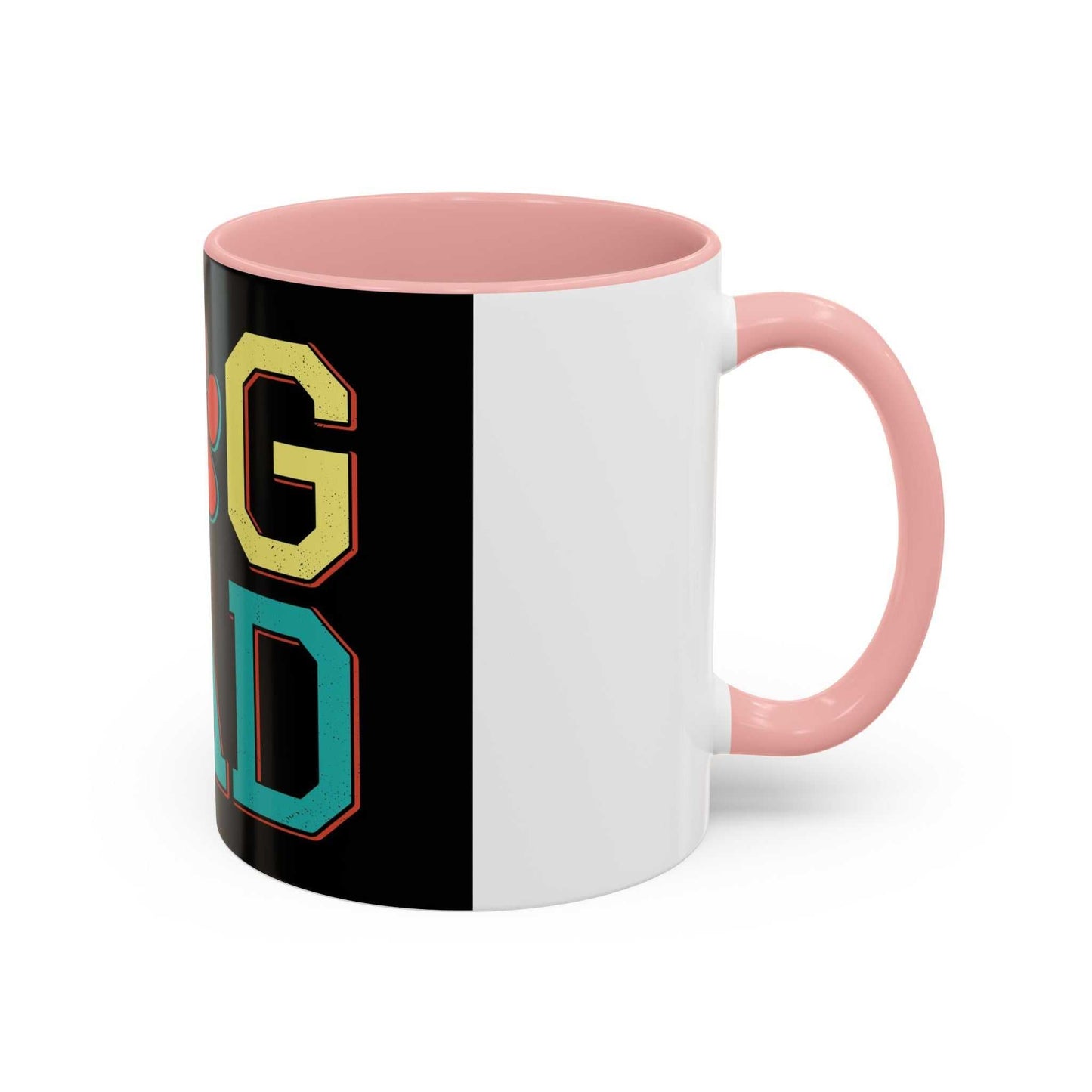Accent Coffee Mug 11 15oz with "dog Dad" design, white ceramic, pink interior and handle, glossy finish, lead and BPA-free.