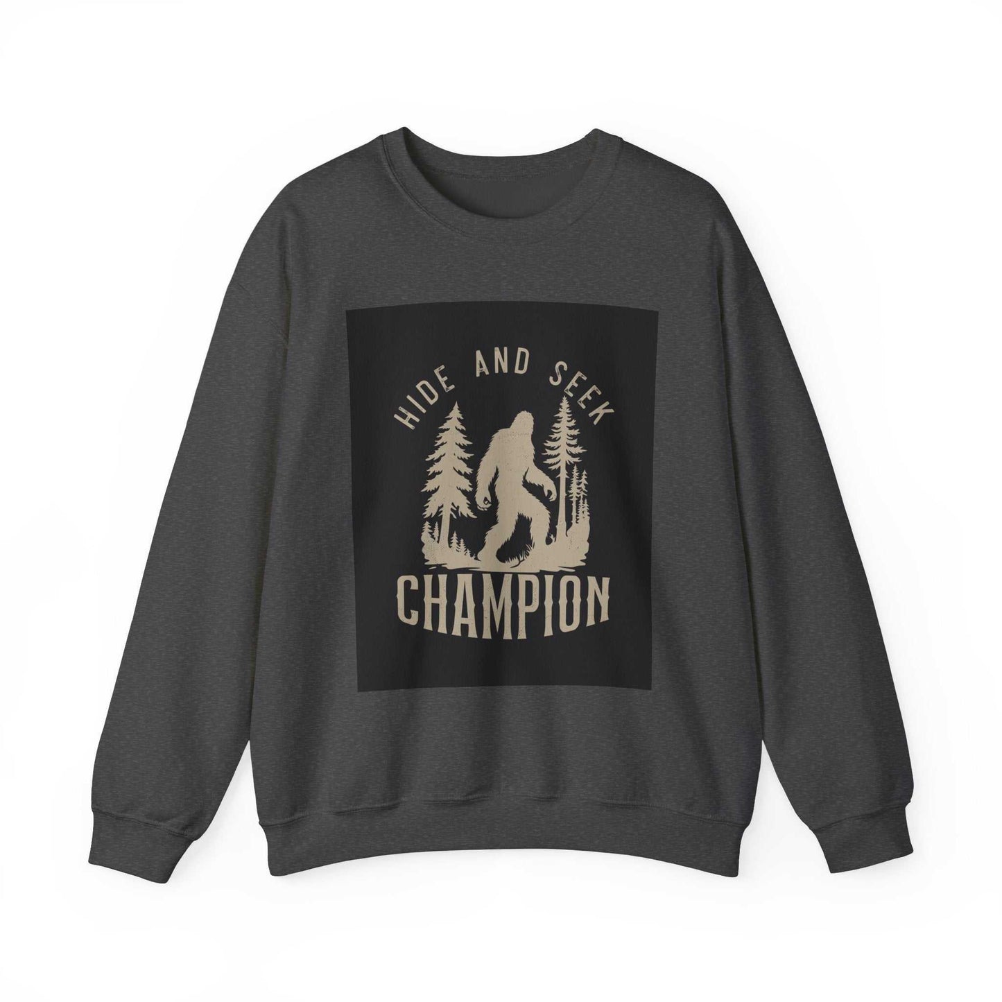 Unisex Heavy Blend Crewneck Sweatshirt with "Hide and Seek Champion" design, dark fabric, comfortable and durable fit.