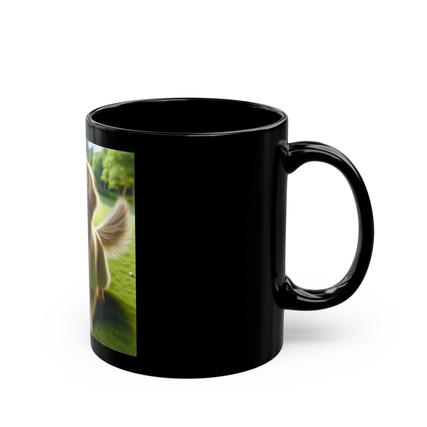 Black ceramic mug, available in 11oz and 15oz sizes, with a glossy finish and customizable design.