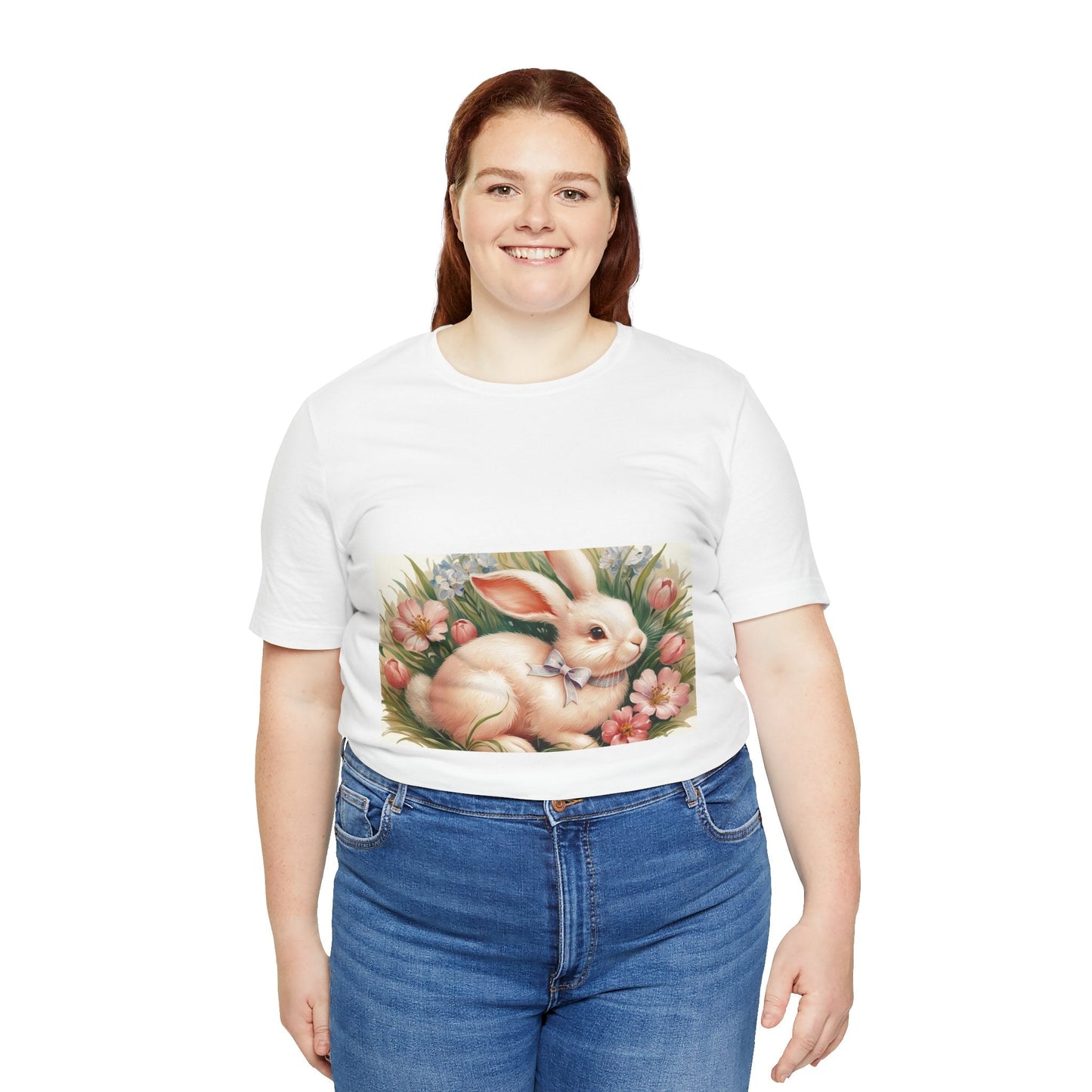 Spring Bunny Short Sleeve Tee with Floral Easter Design, Unisex Casual Wear.