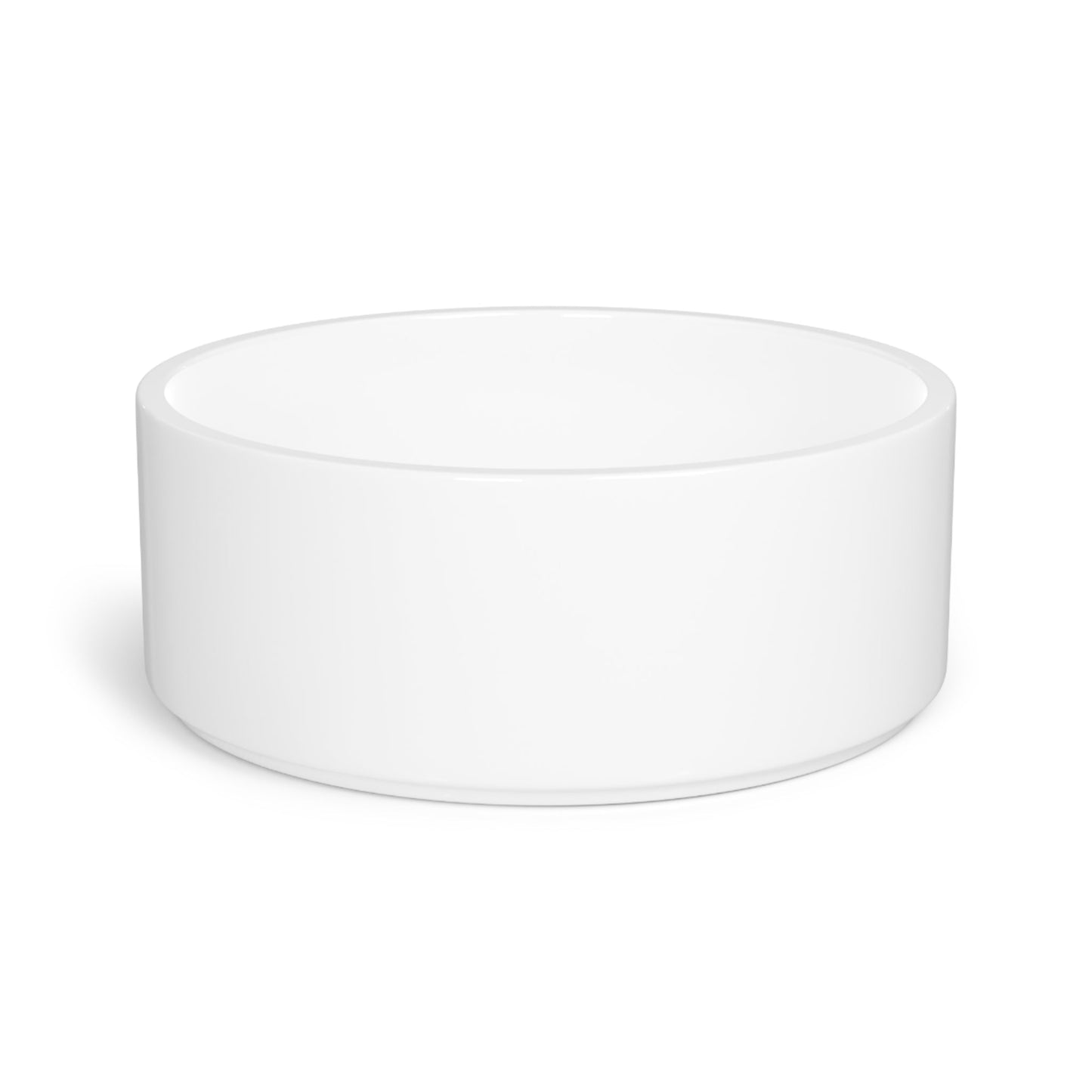 Custom pet bowl in white ceramic, 6-inch diameter, 16oz capacity, dishwasher and microwave-safe.