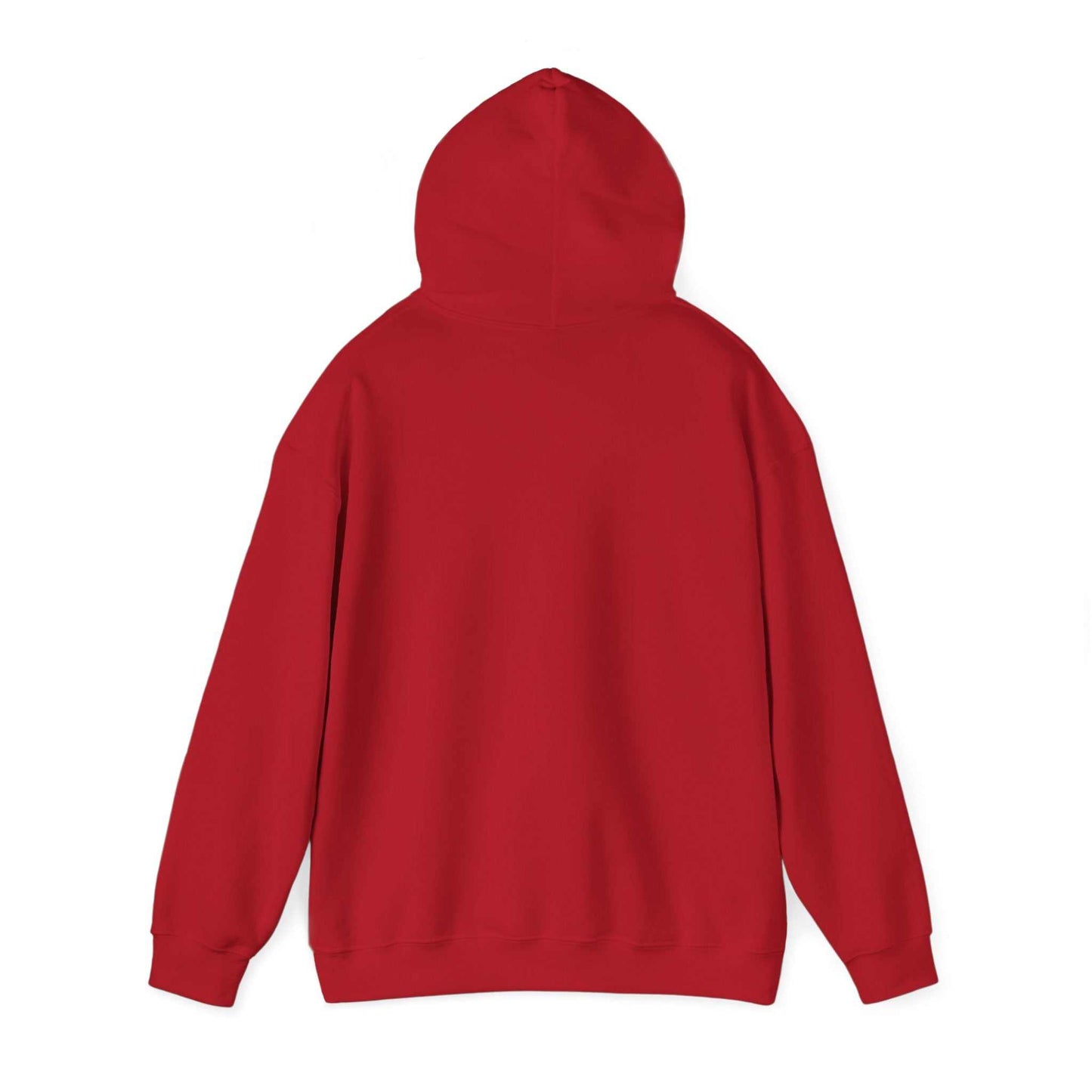 Unisex heavy blended sweatshirt in red with hood and relaxed fit.