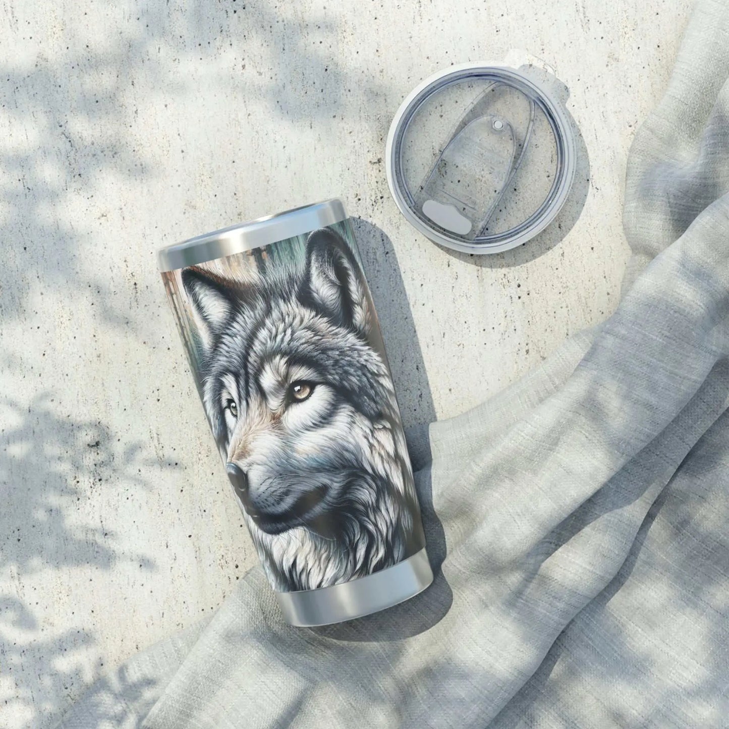 Vagabond Wolf 20oz Tumbler with vibrant wolf design, insulated mug for adventurers.