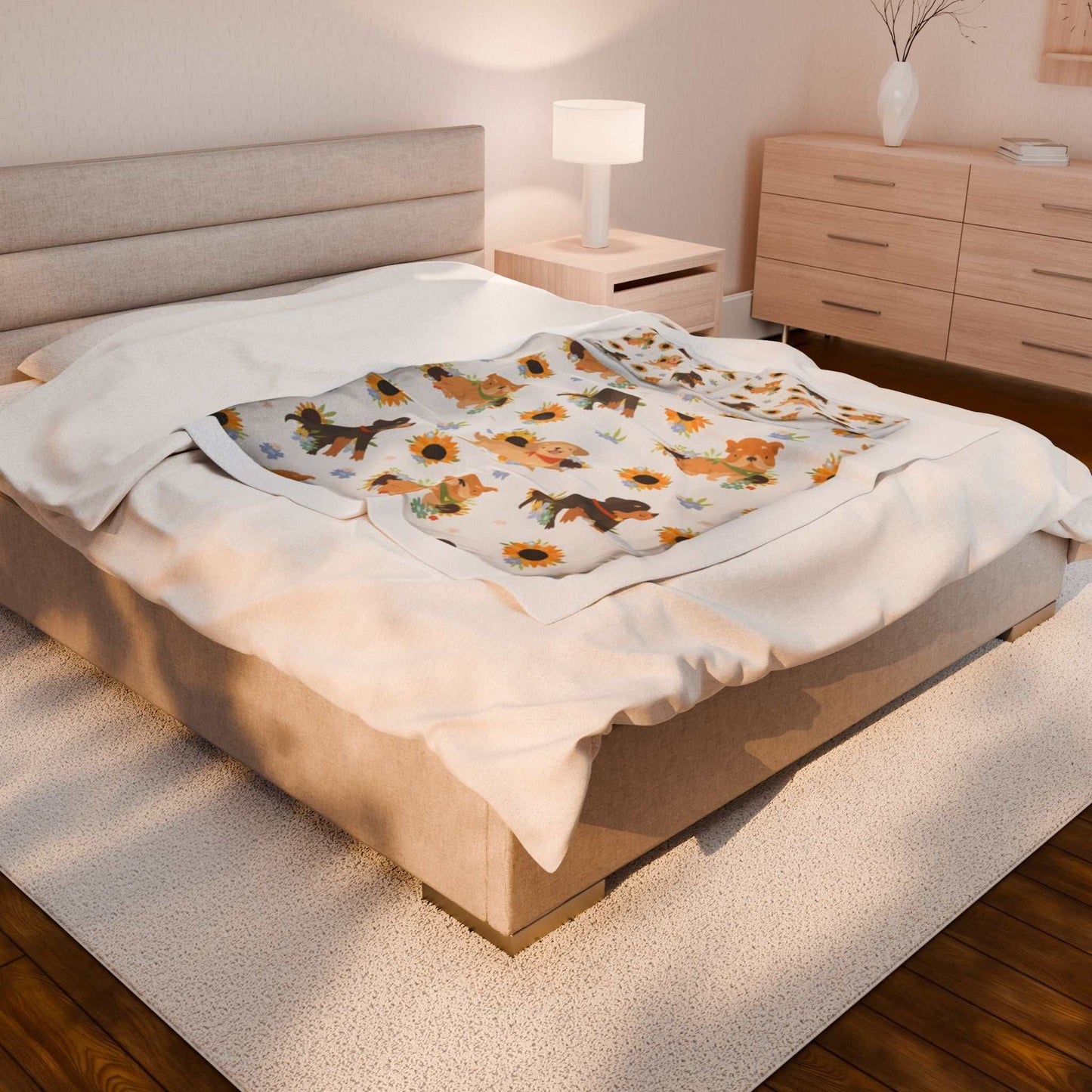 Velveteen plush blanket with dog-themed print on a bed in cozy room setting.
