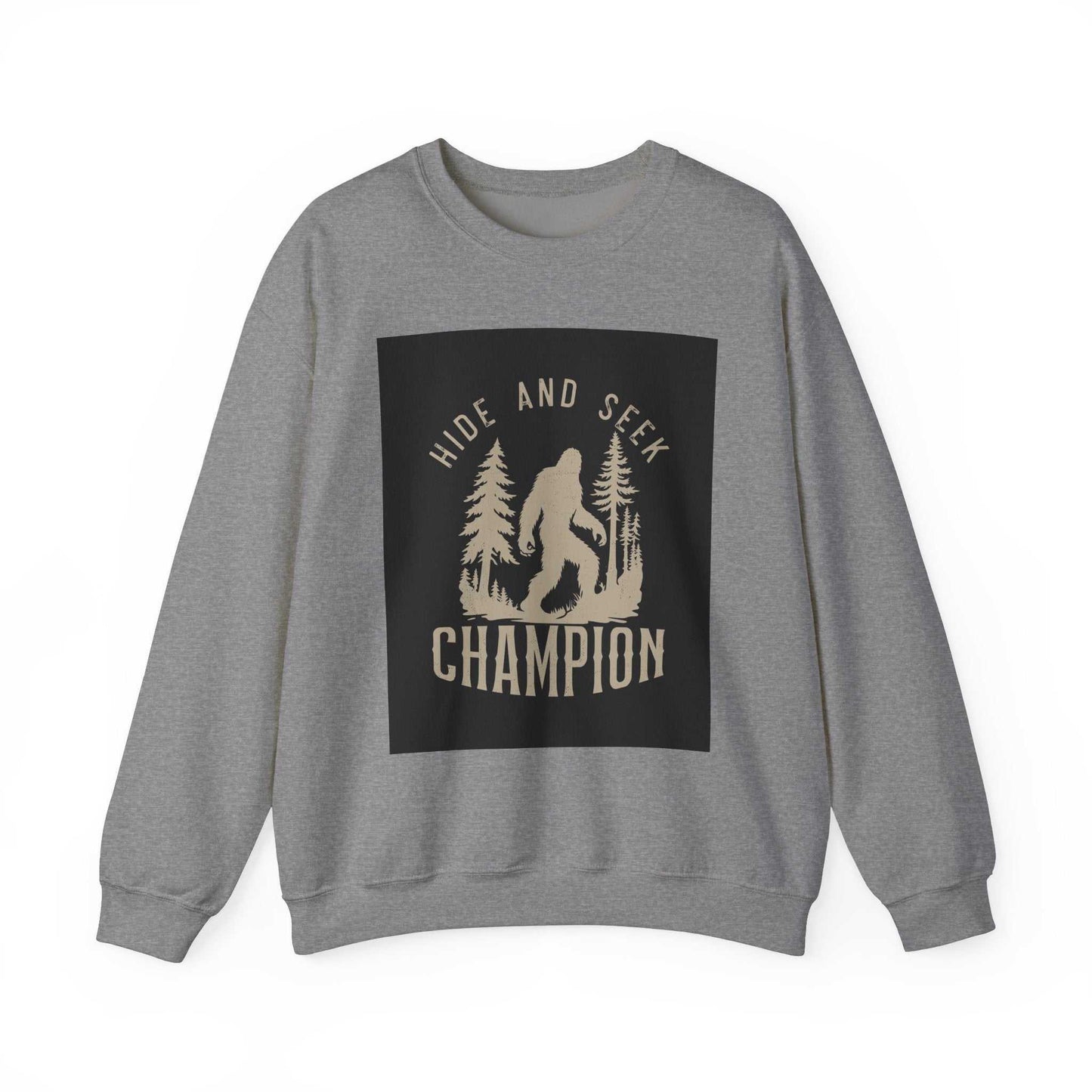 Unisex Heavy Blend™ Crewneck Sweatshirt with "Hide and Seek Champion" design, medium-heavy fabric, gray color.