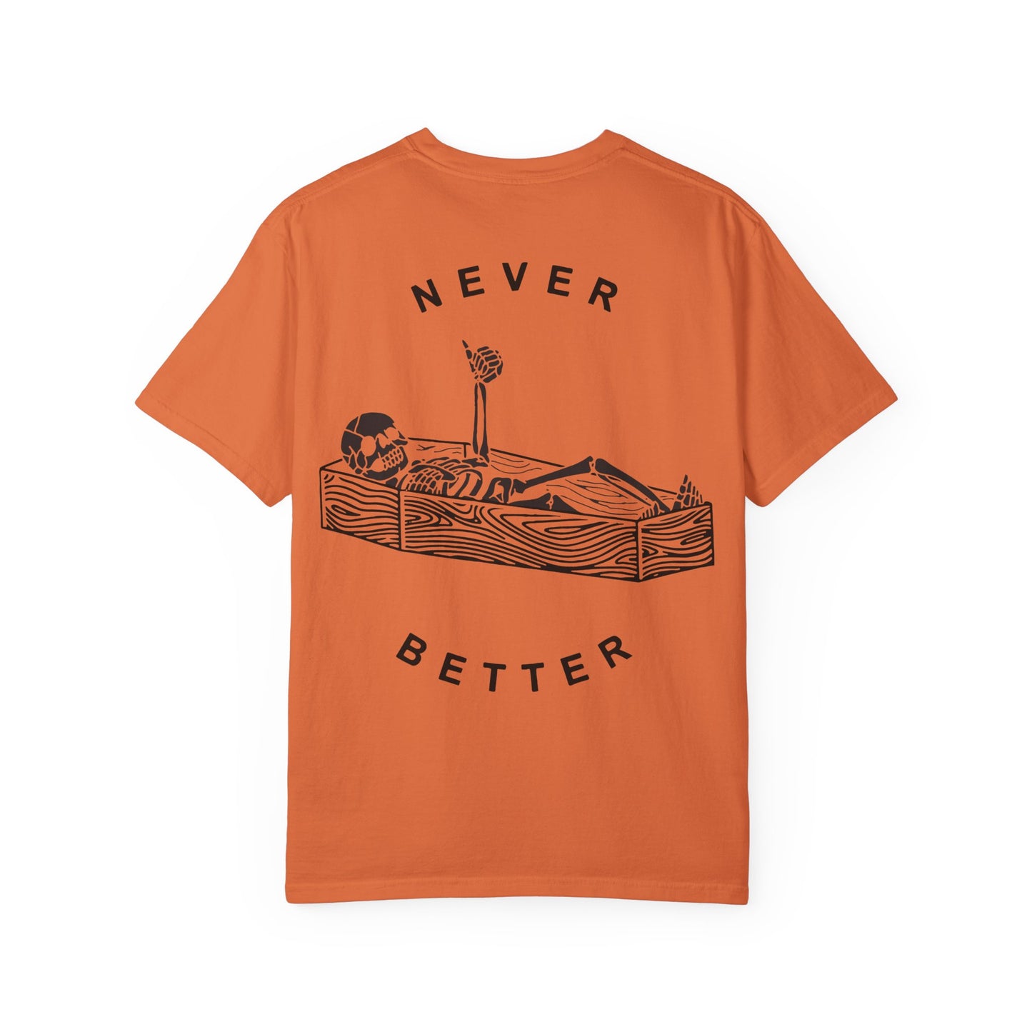 Halloween t-shirts never better skeleton giving a thumbs up in a casket