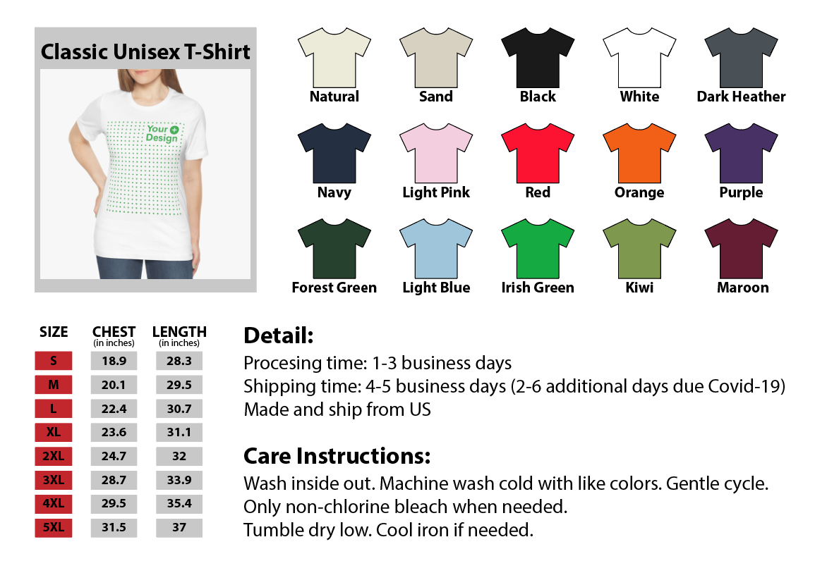 Unisex T-shirt size chart with various colors and care instructions shown.