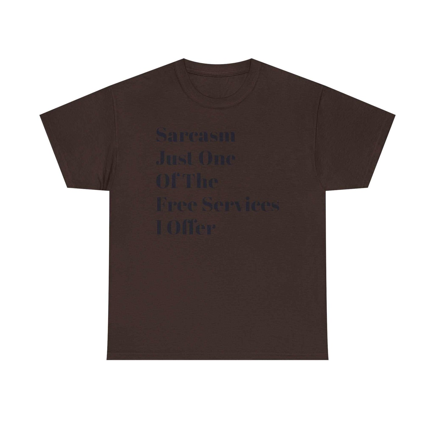 Unisex heavy cotton tee with printed text, dark color, classic fit, crew neckline.