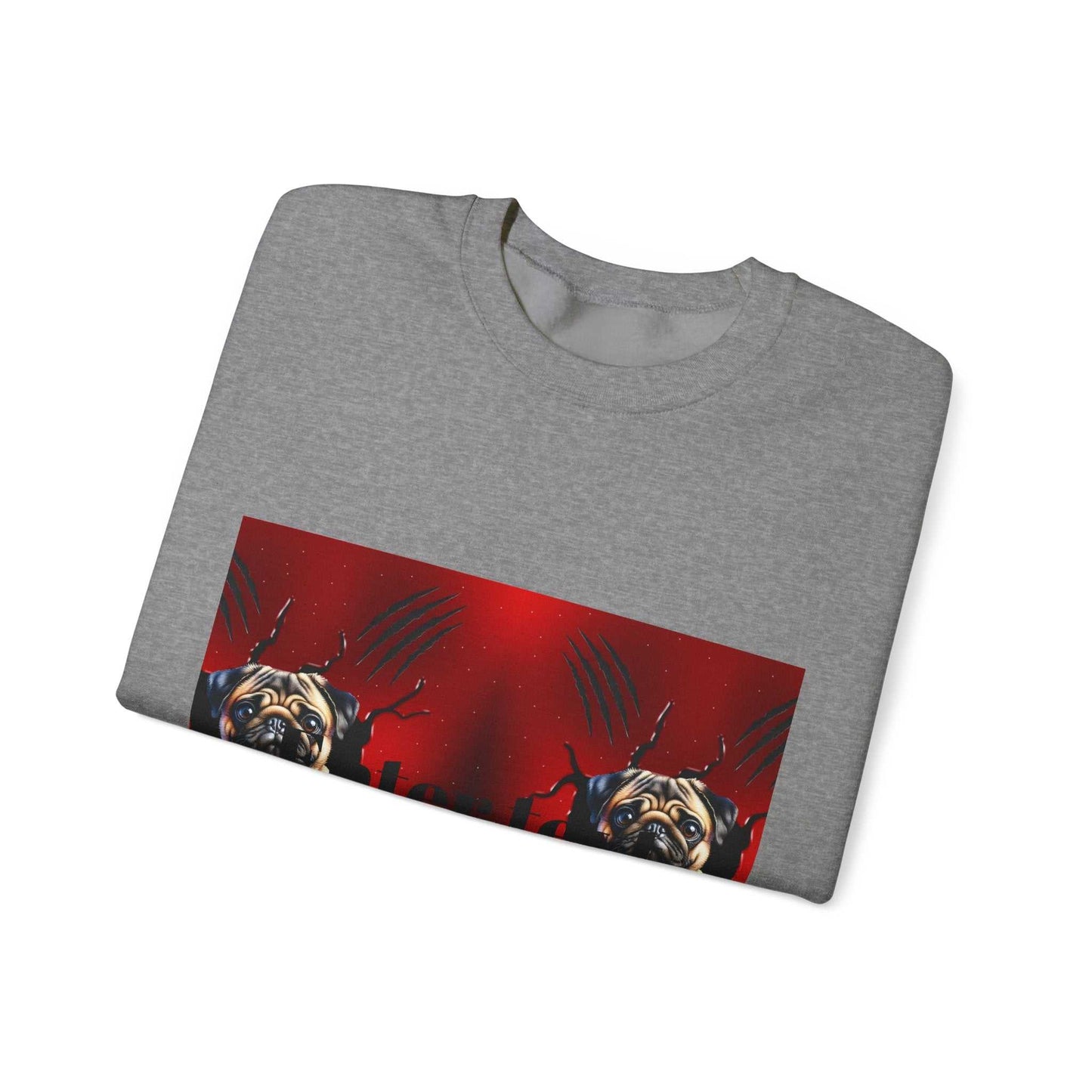 Gray pug dog sweatshirt with embroidered design, ideal for casual wear.