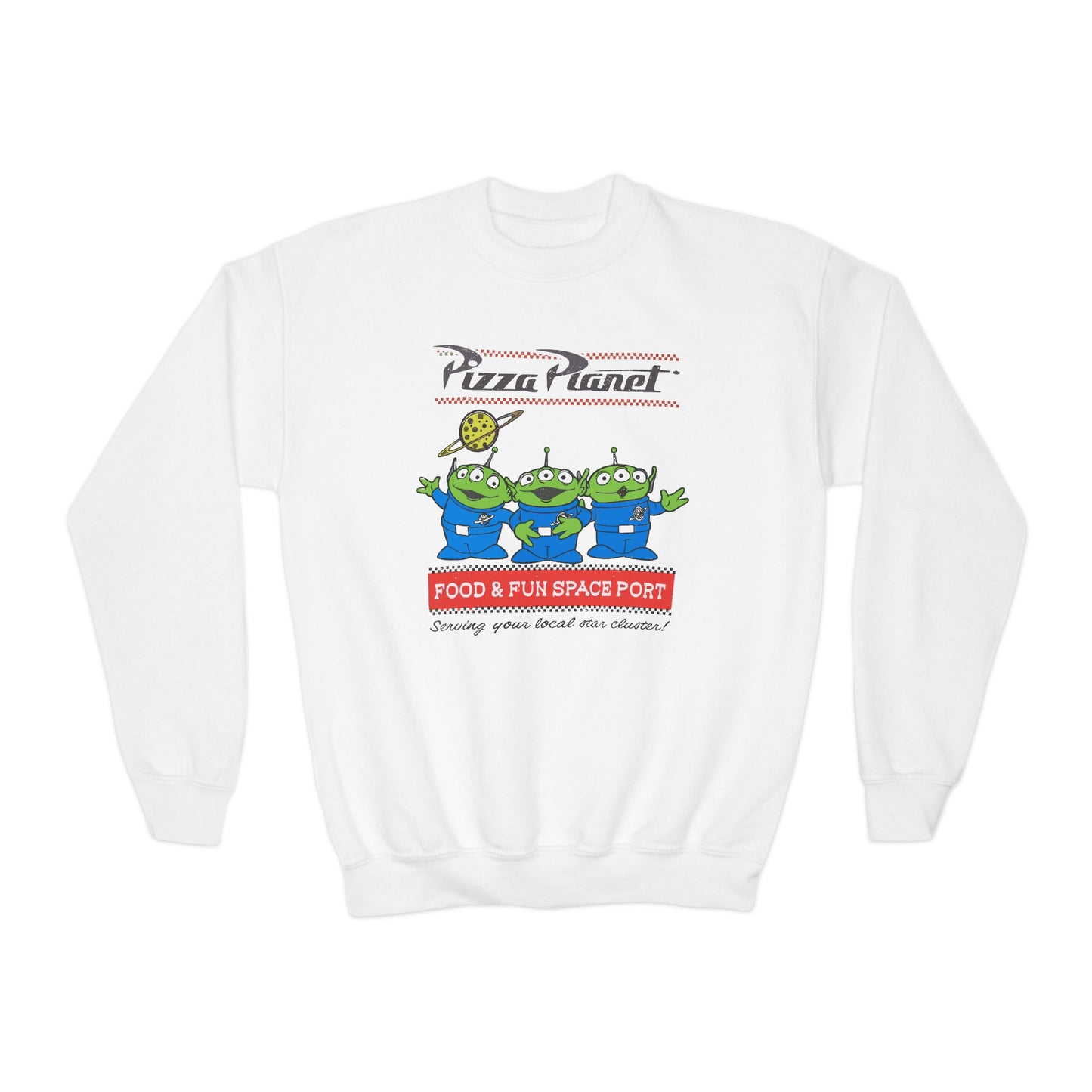 Pizza Planet Youth Crewneck Sweatshirt | Fun & Playful Gift for Kids, Space Theme Apparel, Ideal for Birthdays, Halloween, Everyday Wear