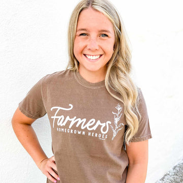 HOMEGROWN HEROES graphic tee in espresso, unisex relaxed fit, 100% cotton.
