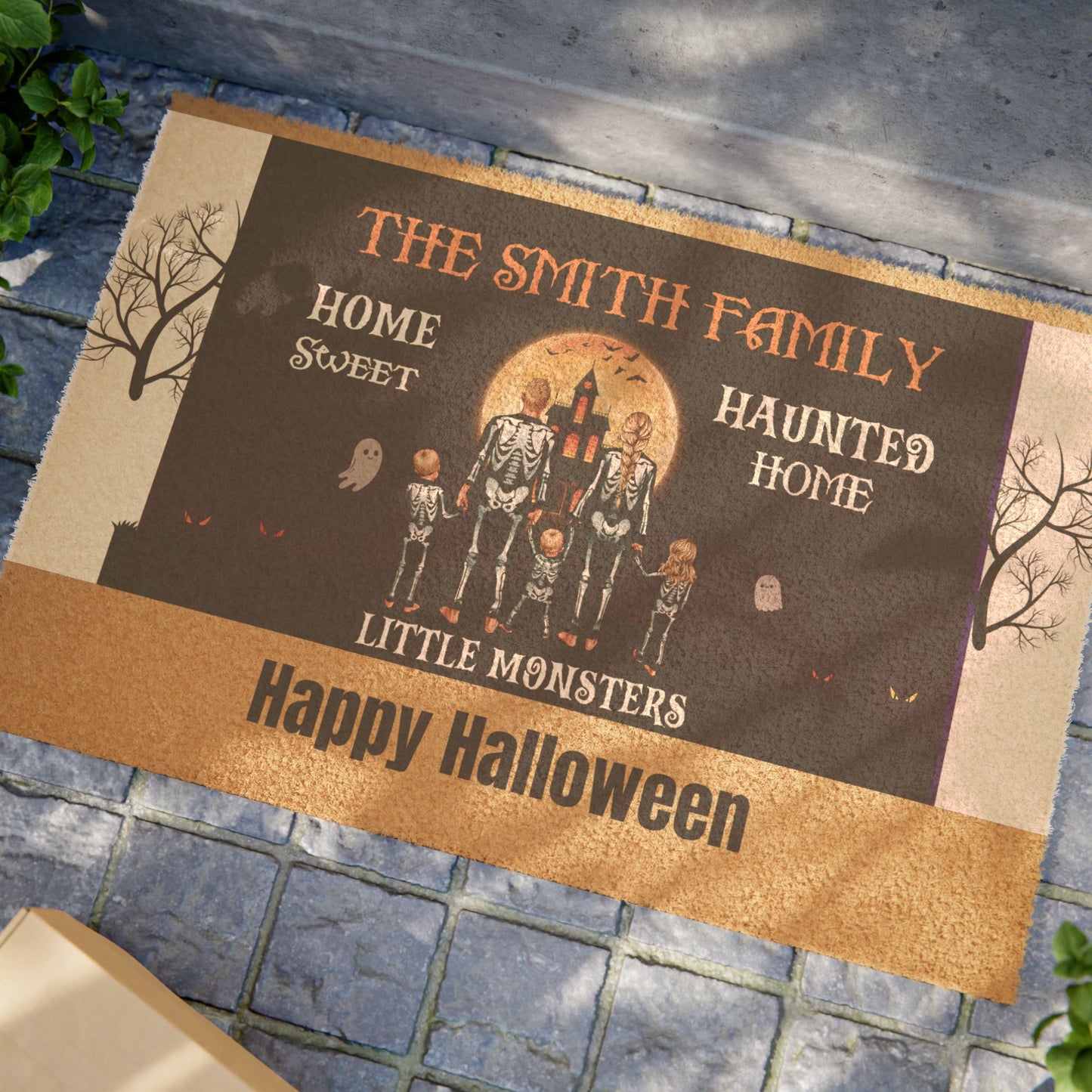 Personalized Halloween Doormat, Home Sweet Haunted Home, Spooky Welcome Mat, Fall Decor, Family Halloween Gift, Trick or Treat Entryway