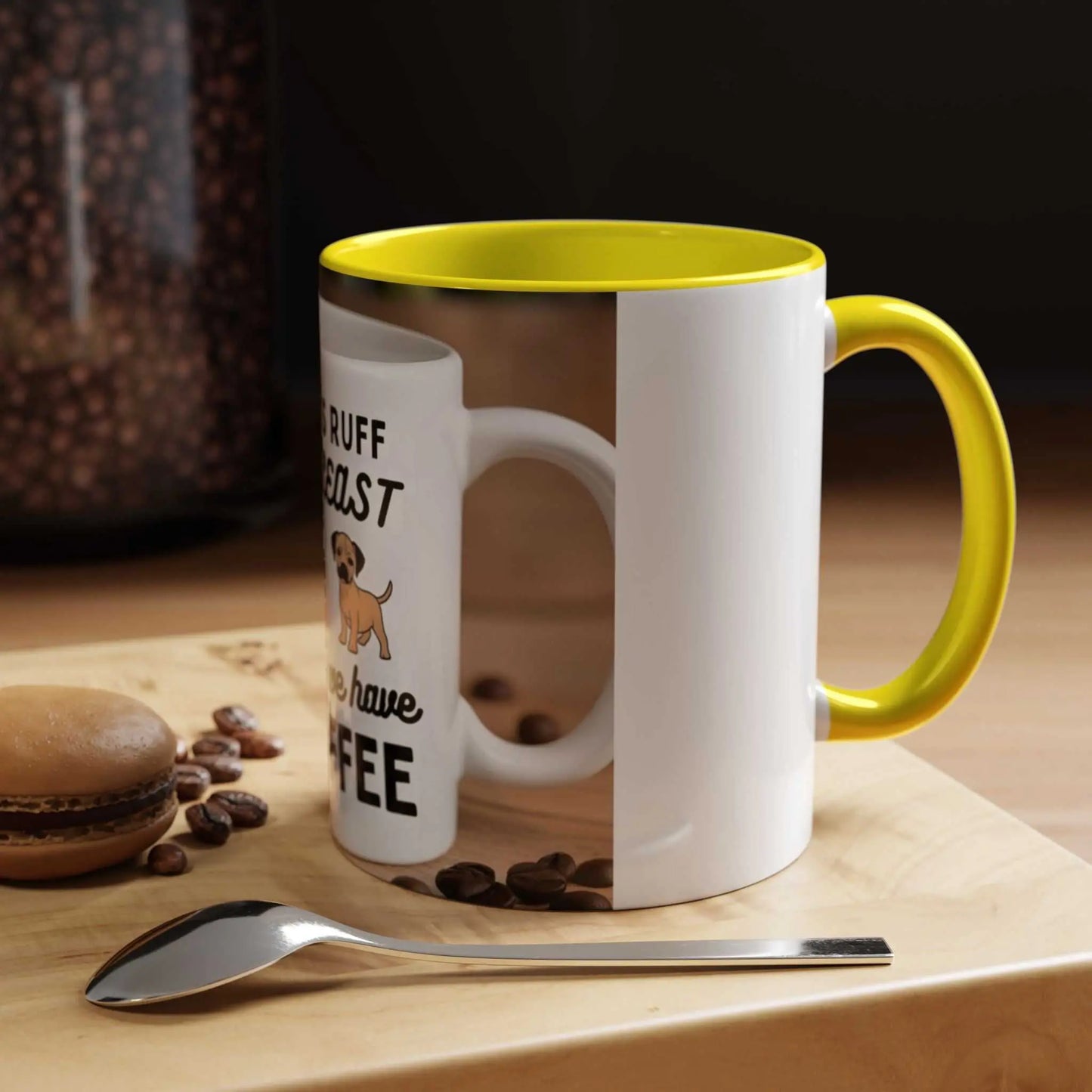 Life is Ruff Coffee Mug with cute dog design, ceramic with colored interior and handle.