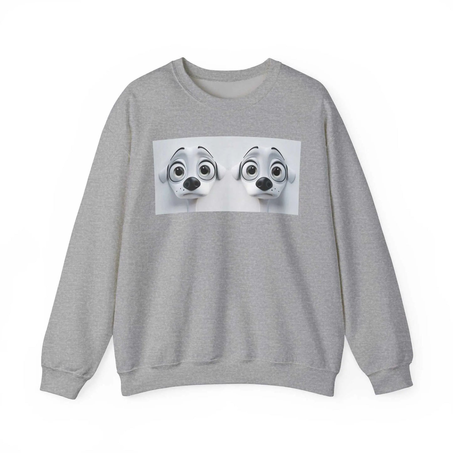 Sarcastic Dog Face 3D Sweatshirt with gray background, featuring ribbed knit collar and crew neckline.