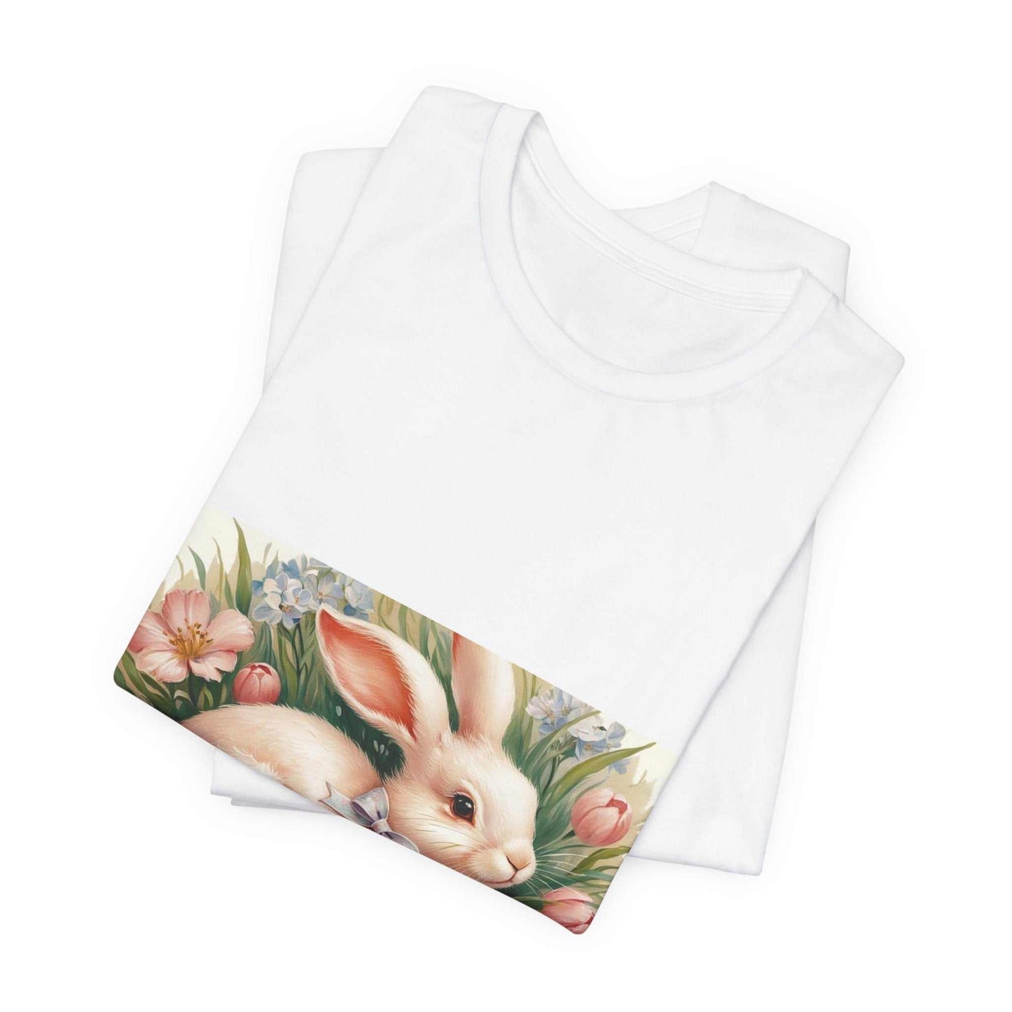 Spring Bunny Short Sleeve Tee with Floral Easter Design in White Cotton.