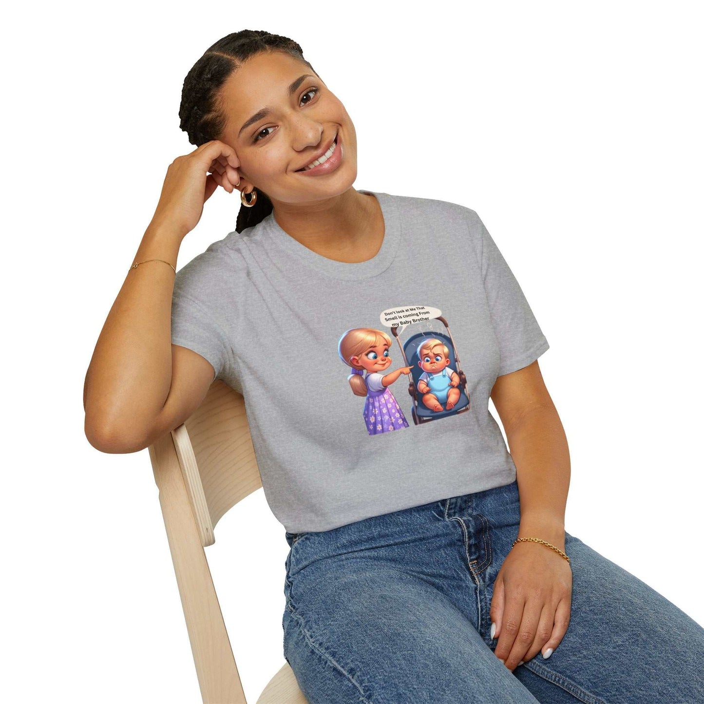 Unisex Softstyle T-Shirt in heather grey, featuring playful cartoon characters; casual and comfortable fit.