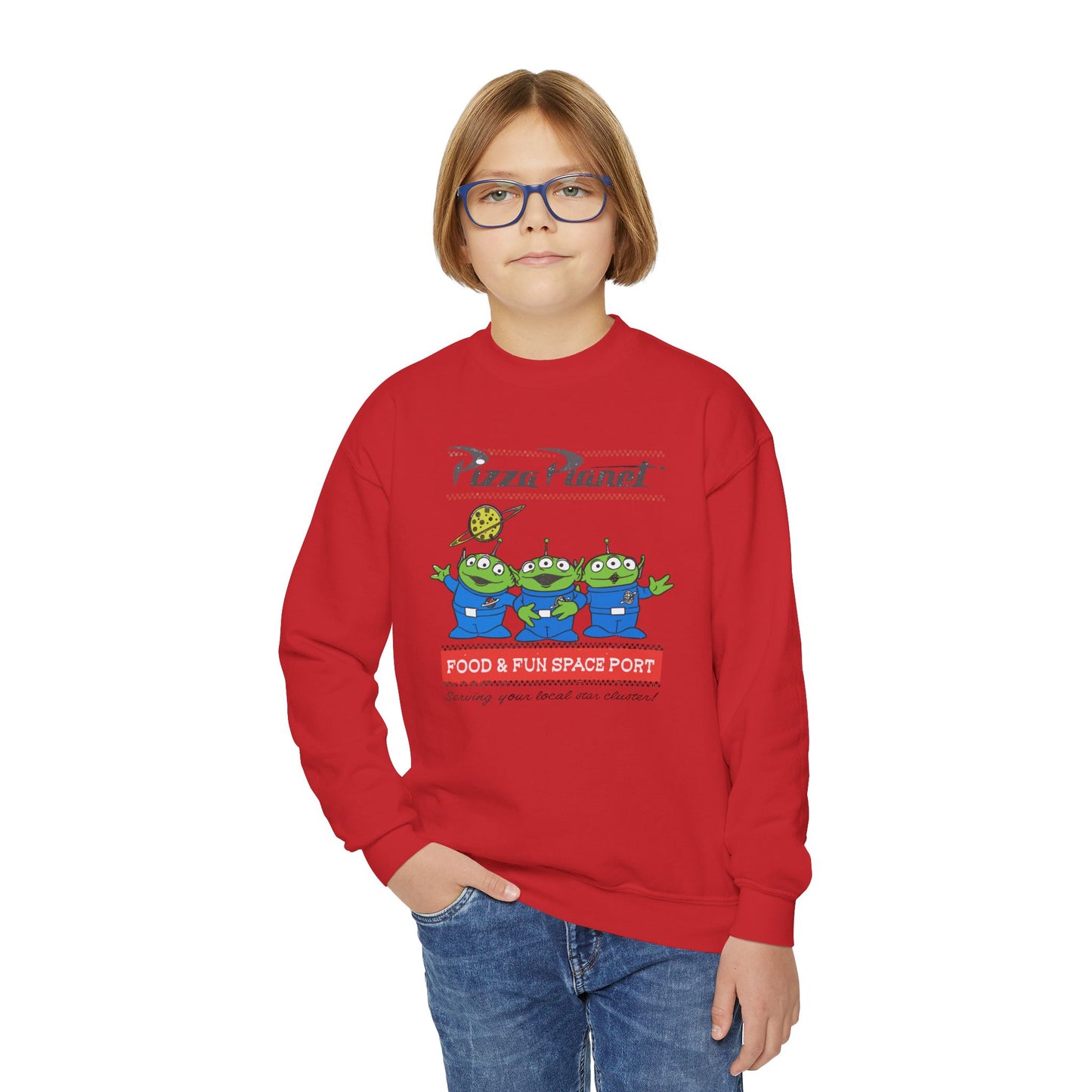 Pizza Planet Youth Crewneck Sweatshirt | Fun & Playful Gift for Kids, Space Theme Apparel, Ideal for Birthdays, Halloween, Everyday Wear