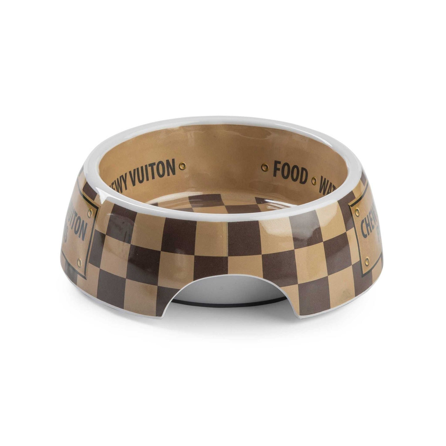Checker Chewy Vuiton dog bowl with checkered pattern, available in three sizes, featuring chip-resistant melamine and non-skid bottom.