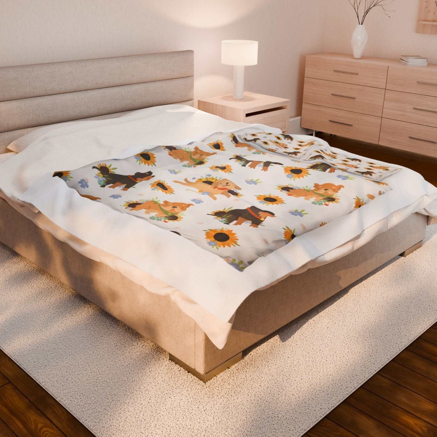 velveteen plush blanket dog lovers Velveteen plush blanket with dog print on bed, perfect for dog lovers.
