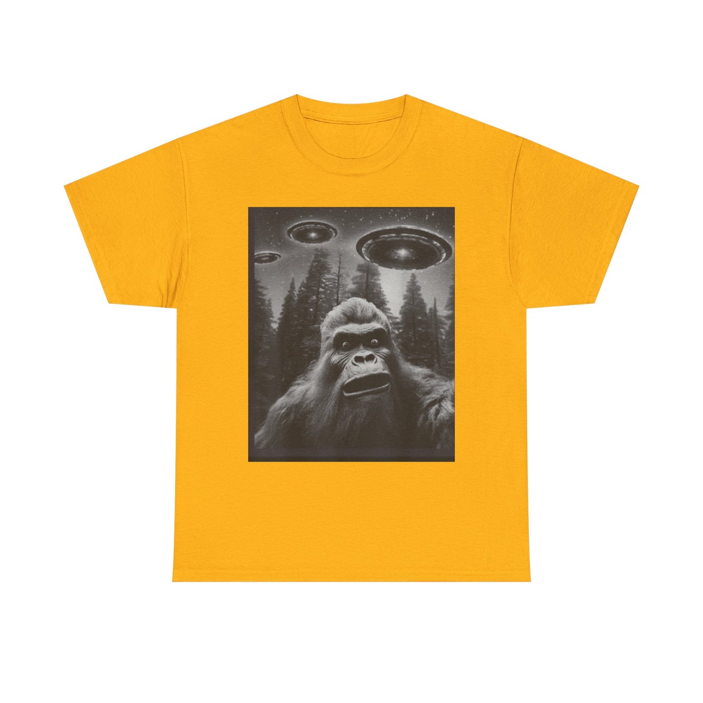 Bigfoot and flying saucers Unisex Heavy Cotton Tee - Size Variants ET