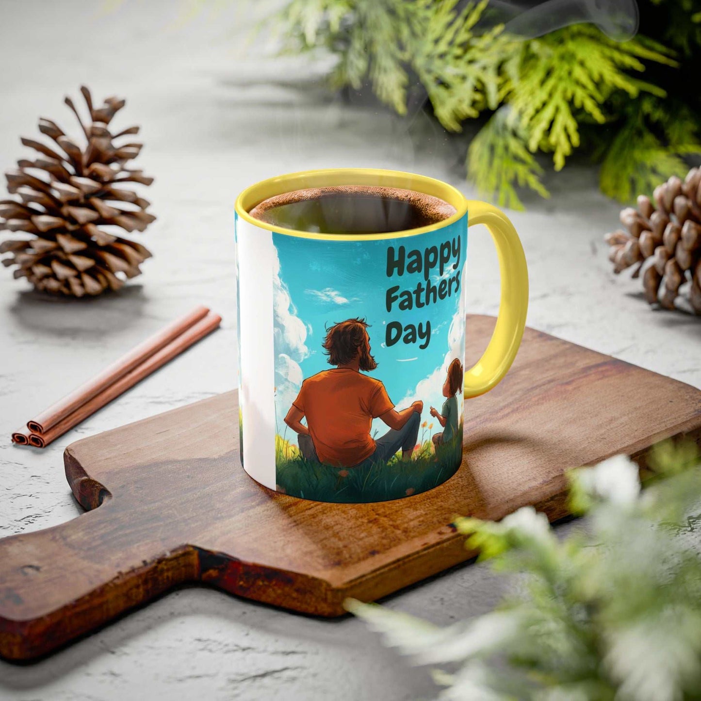 Colorful ceramic mug with custom artwork and yellow handle, available in 11oz and 15oz sizes.