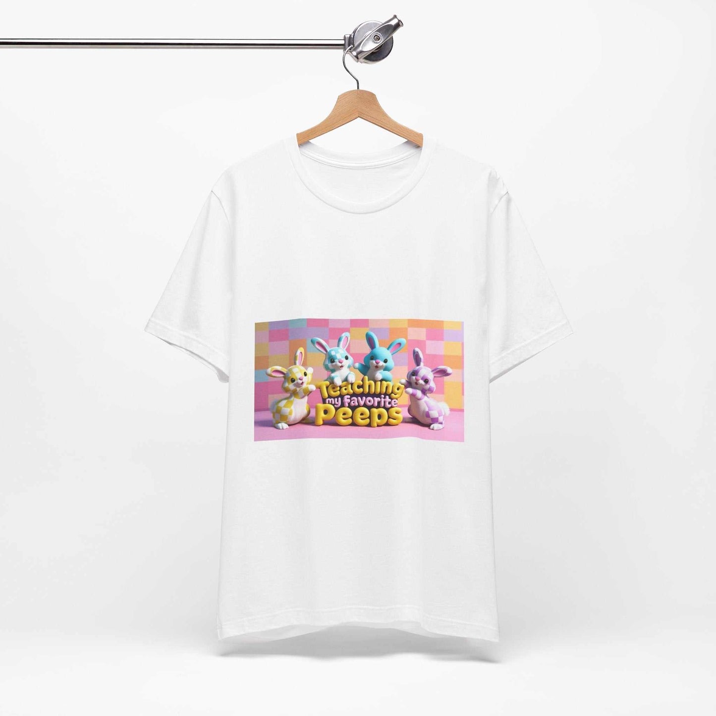 Unisex Jersey Short Sleeve Tee with graphic print, soft cotton, breathable fabric, white.