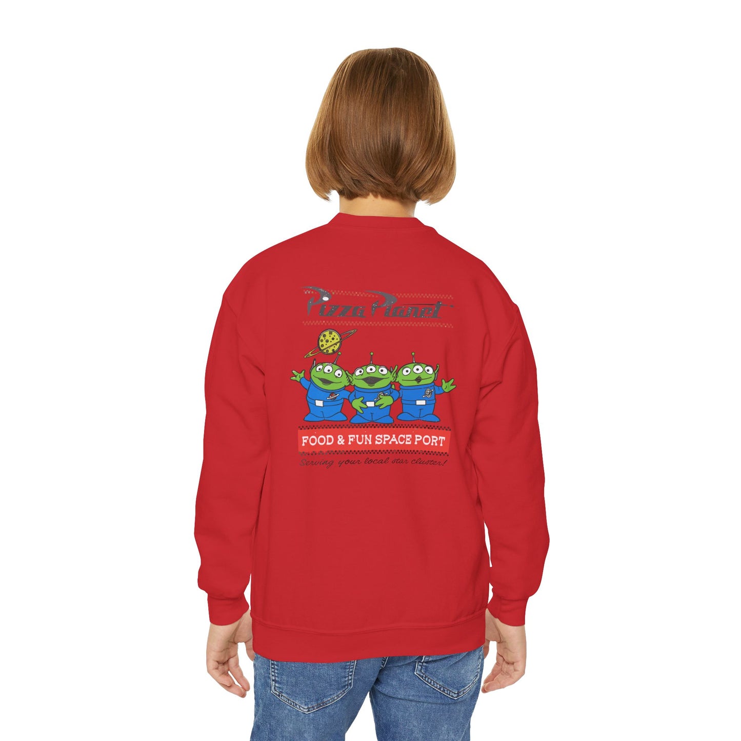 Pizza Planet Youth Crewneck Sweatshirt | Fun & Playful Gift for Kids, Space Theme Apparel, Ideal for Birthdays, Halloween, Everyday Wear