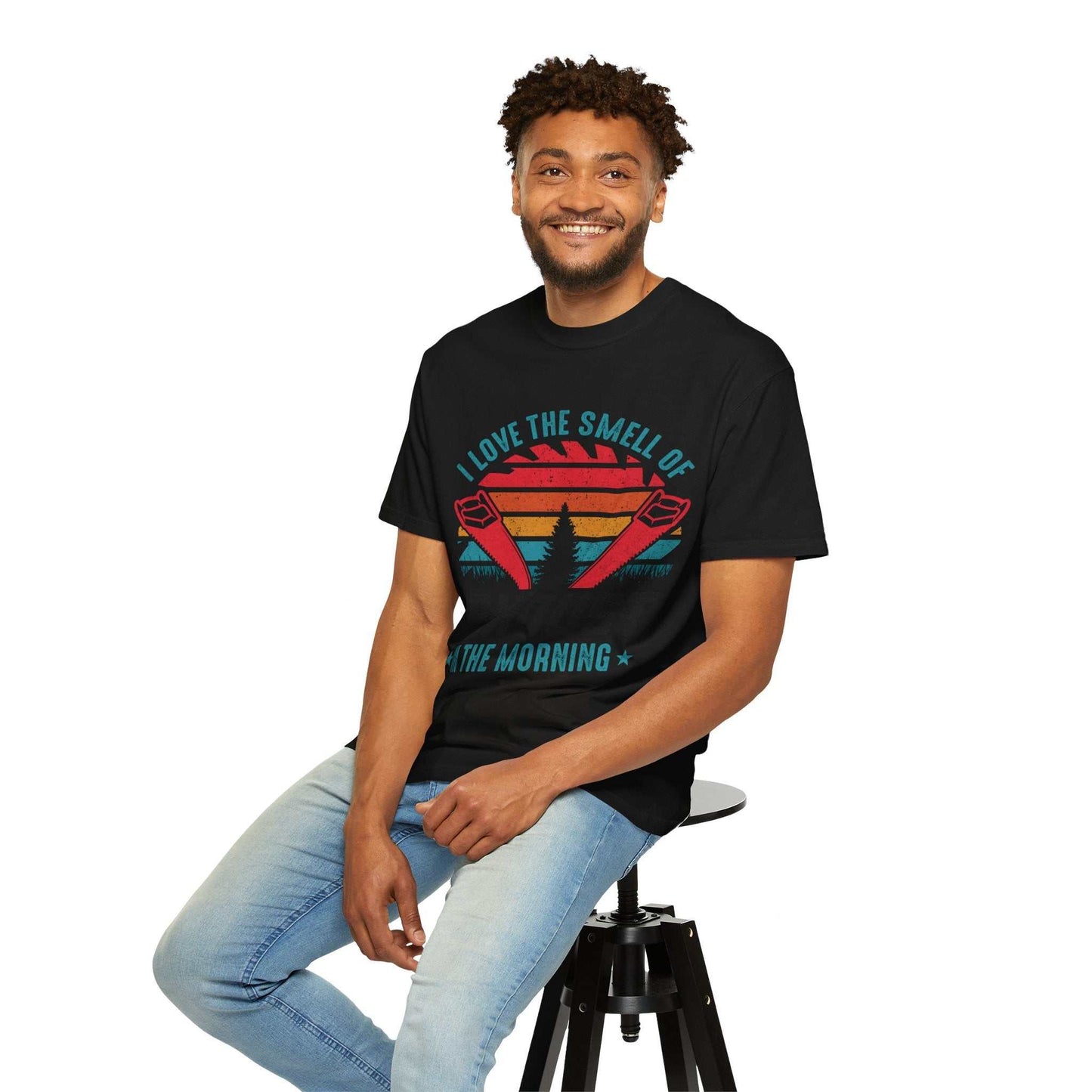 Unisex garment-dyed t-shirt by Comfort Colors 1717 in black worn by person, features colorful morning design.