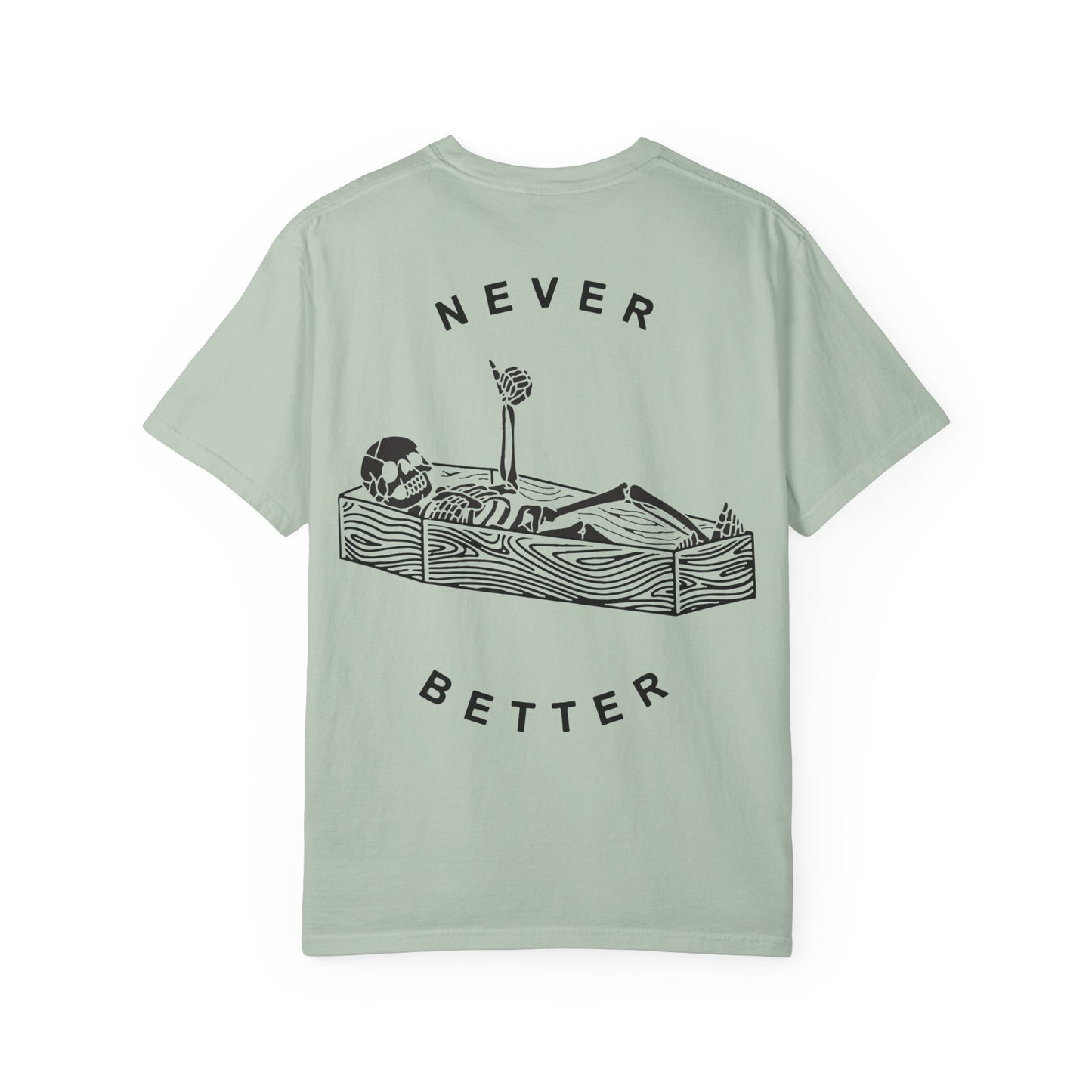 Halloween t-shirts never better skeleton giving a thumbs up in a casket