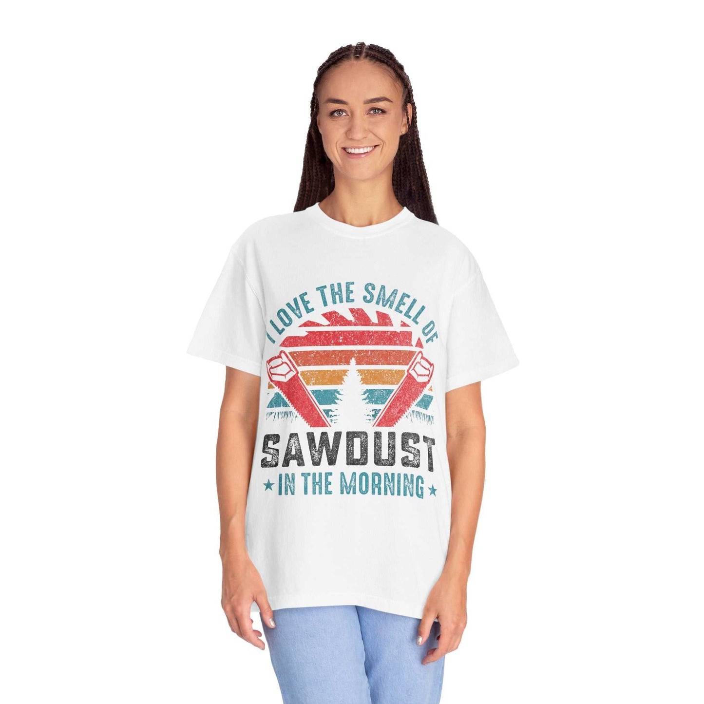 Unisex garment-dyed T-shirt by Comfort Colors 1717, 100% ring-spun cotton, sawdust graphic, relaxed fit, in white.