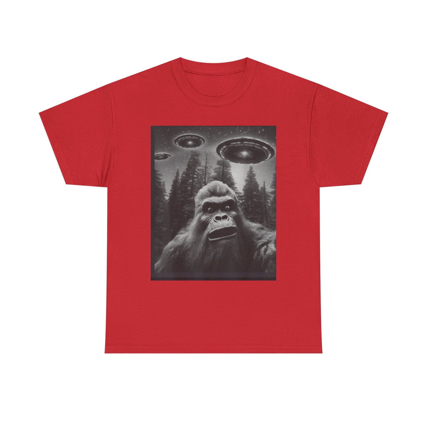 Bigfoot and flying saucers Unisex Heavy Cotton Tee - Size Variants ET