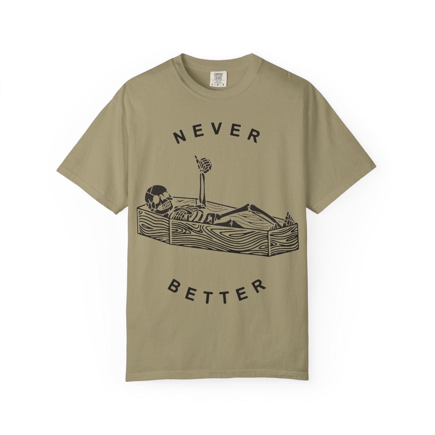 Halloween t-shirts never better skeleton giving a thumbs up in a casket
