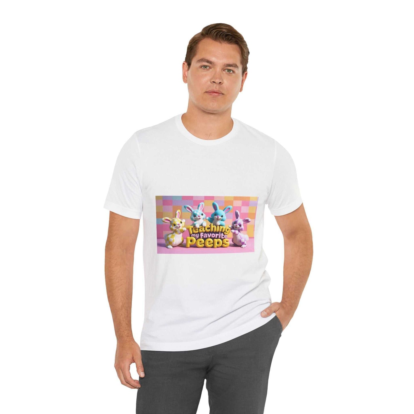 Unisex Jersey Short Sleeve Tee with graphic design on white fabric.