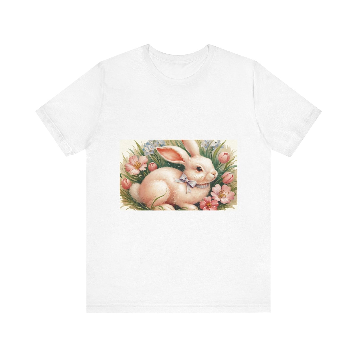 Spring Bunny Short Sleeve Tee with floral Easter design on white background.