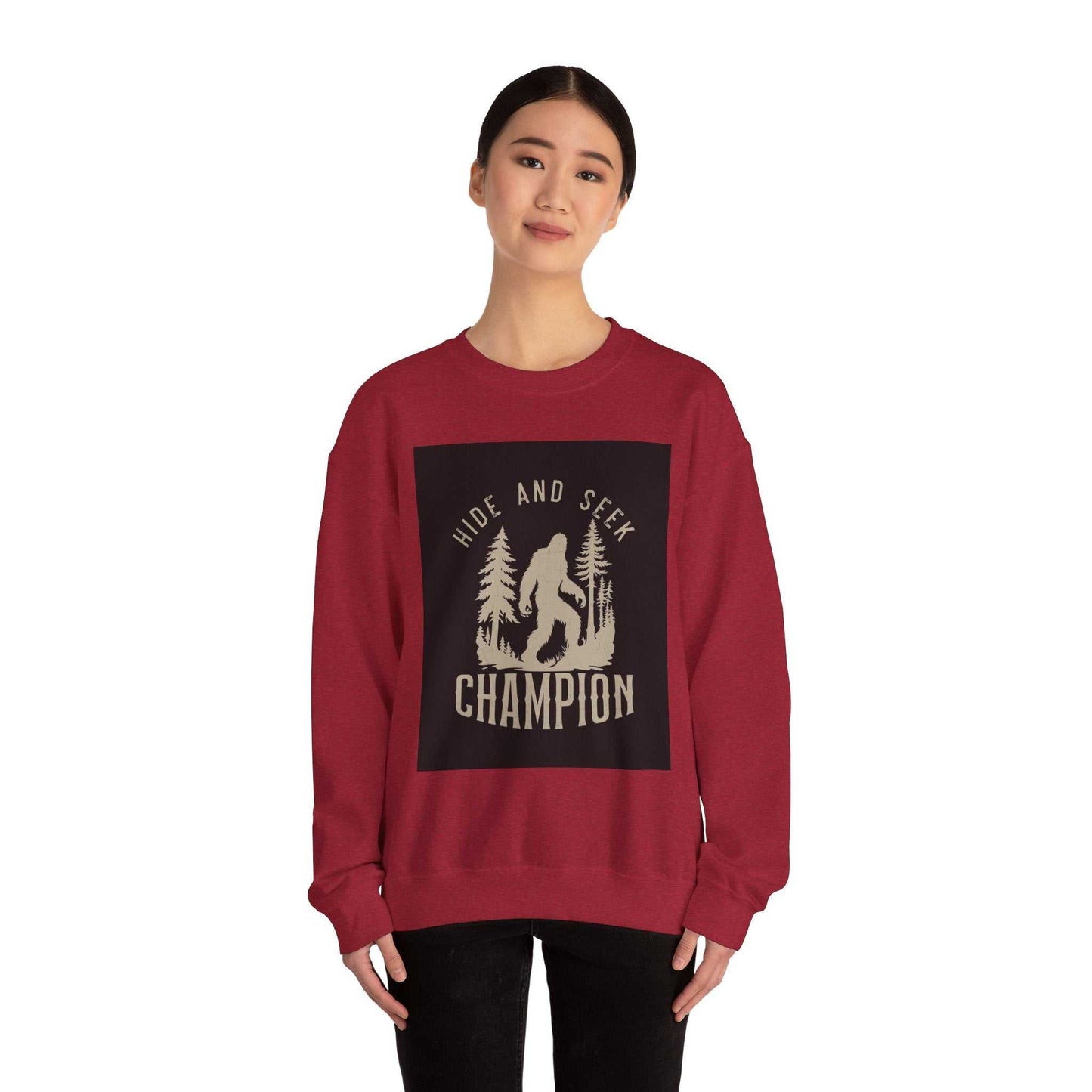 Unisex Heavy Blend™ Crewneck Sweatshirt in red, featuring 'Hide and Seek Champion' graphic.