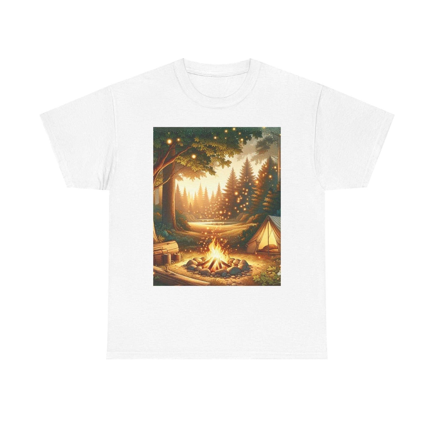 Unisex heavy cotton tee with campfire design, classic fit, of medium fabric for comfort and durability.