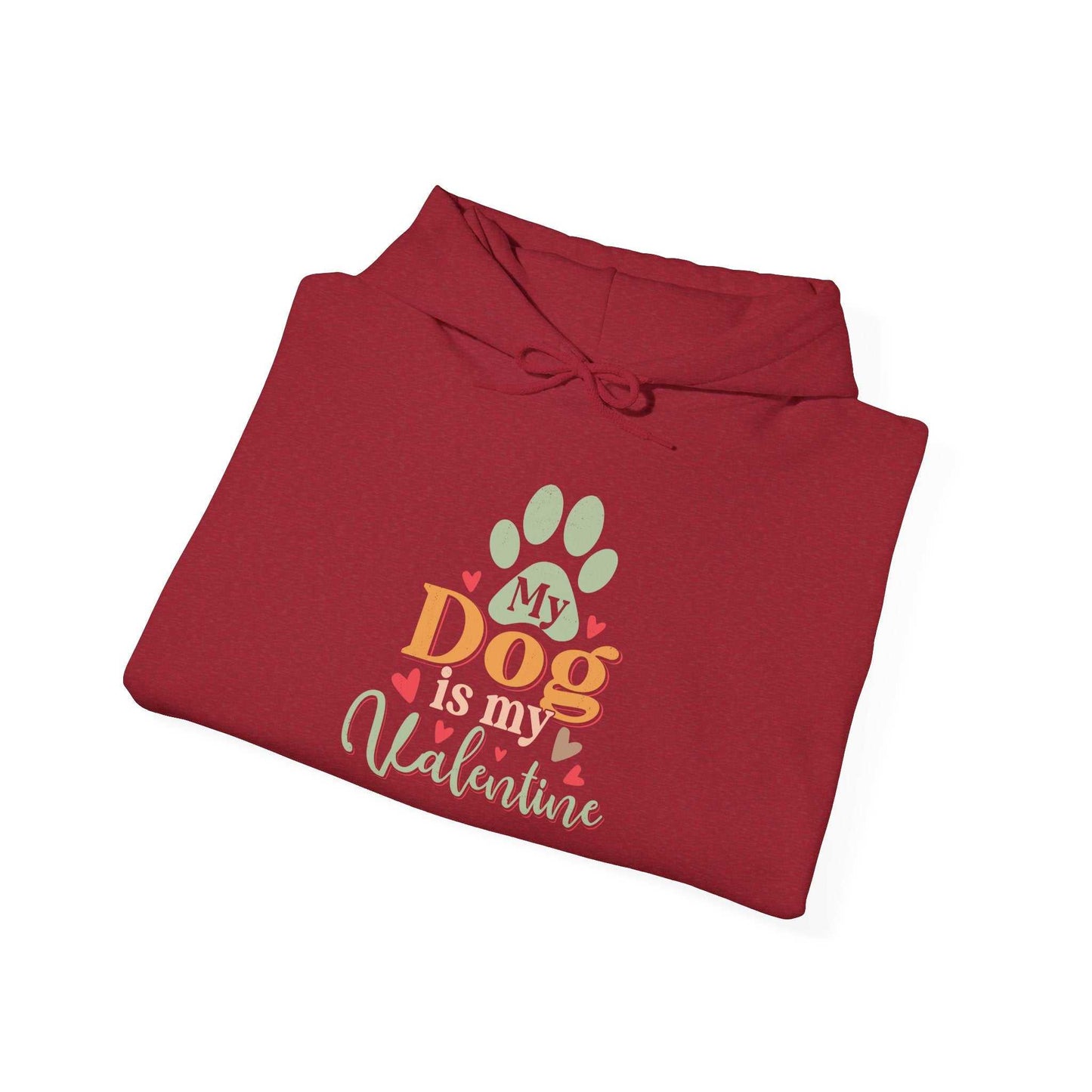 Unisex heavy blend hooded sweatshirt in red with 'My Dog is My Valentine' design.