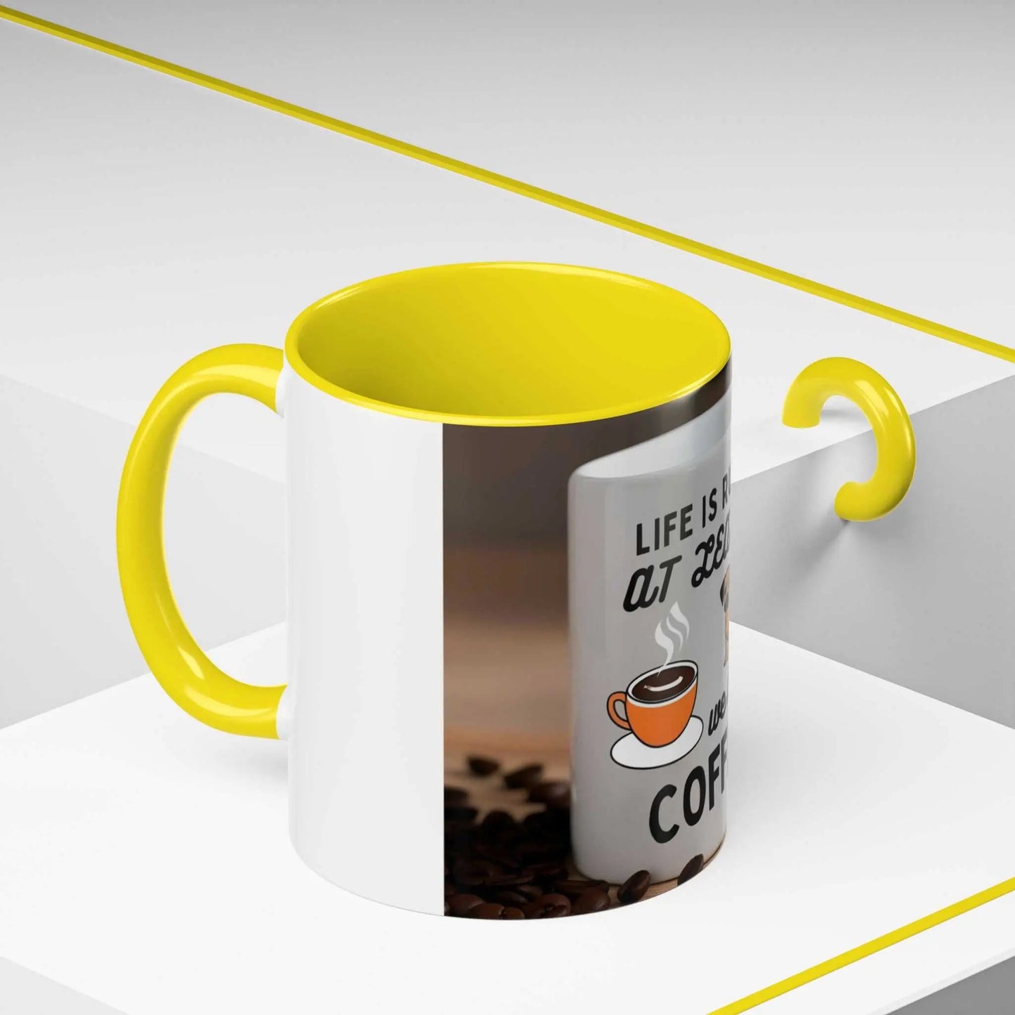 Life is Ruff Coffee Mug with cute dog design, yellow interior and handle, white ceramic for pet lovers.