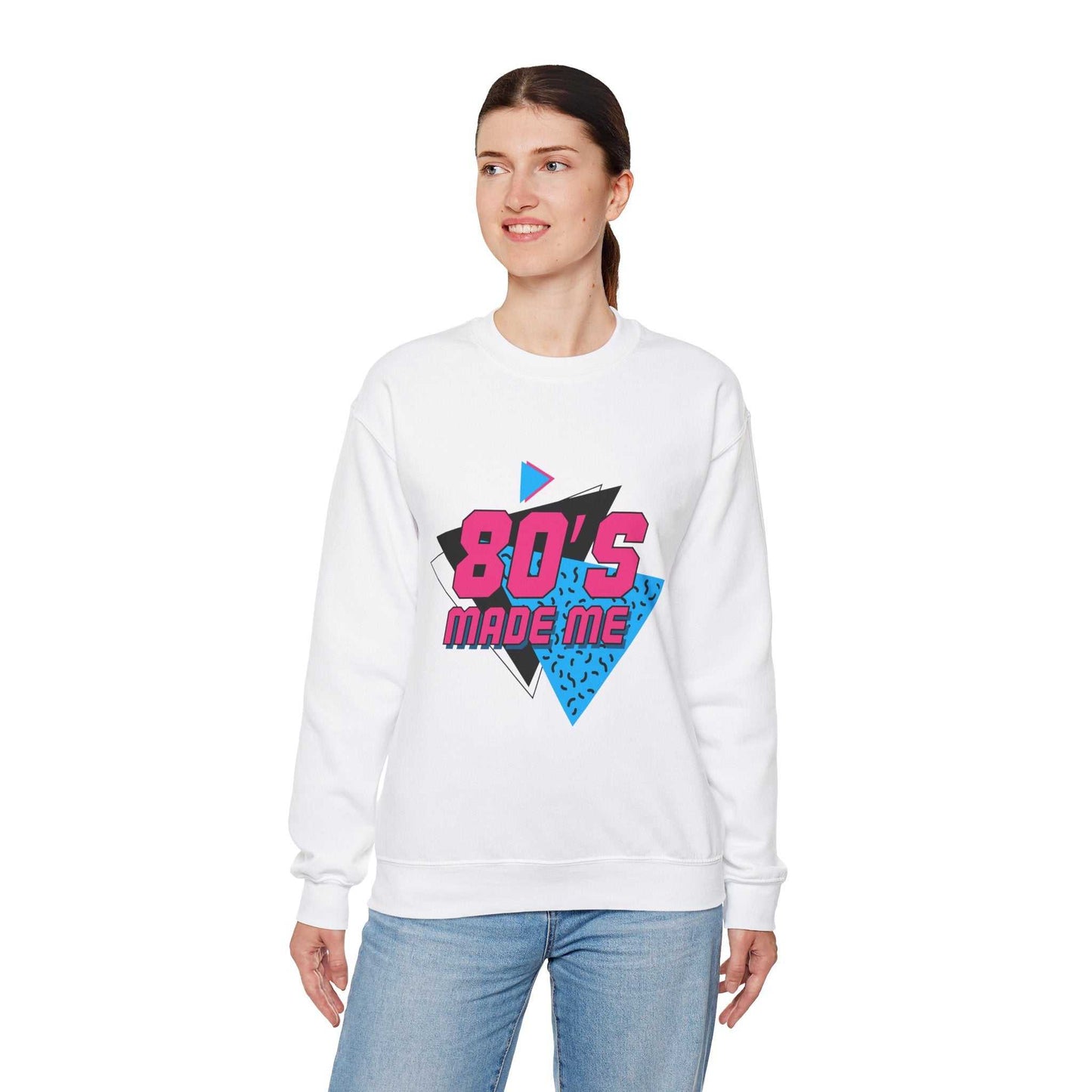 80's made me sweatshirt with retro graphic design in blue and pink.