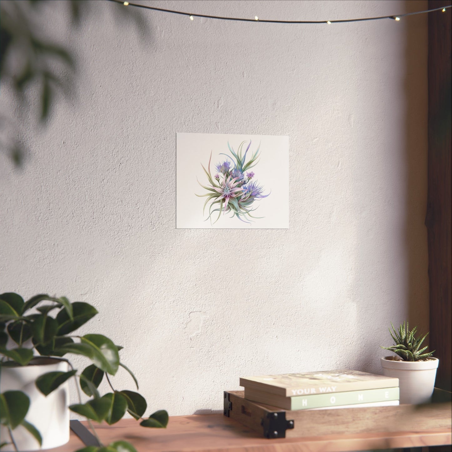 Gallery-grade fine art poster with giclée print quality and smooth matte finish, displayed on a wall above a wooden desk with plants.